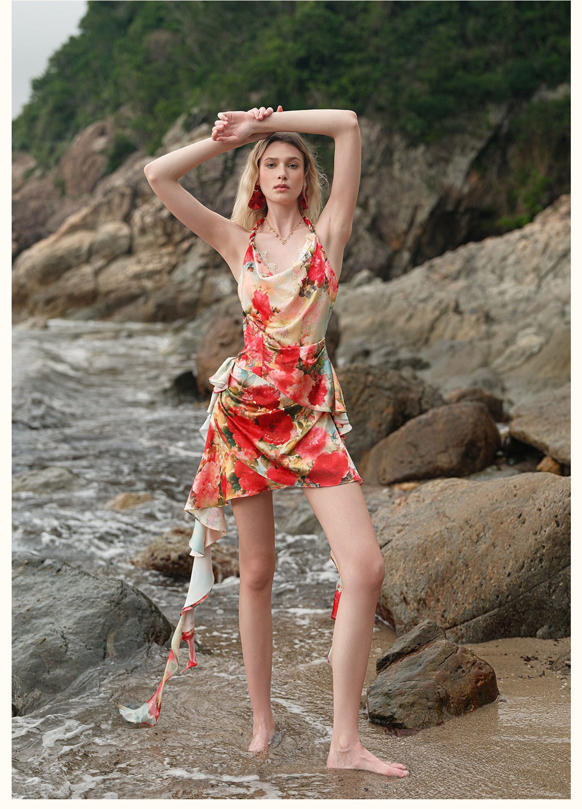 Sheerluck Elegant Vacation Floral Falla Off-the-shoulder Top & Skirt