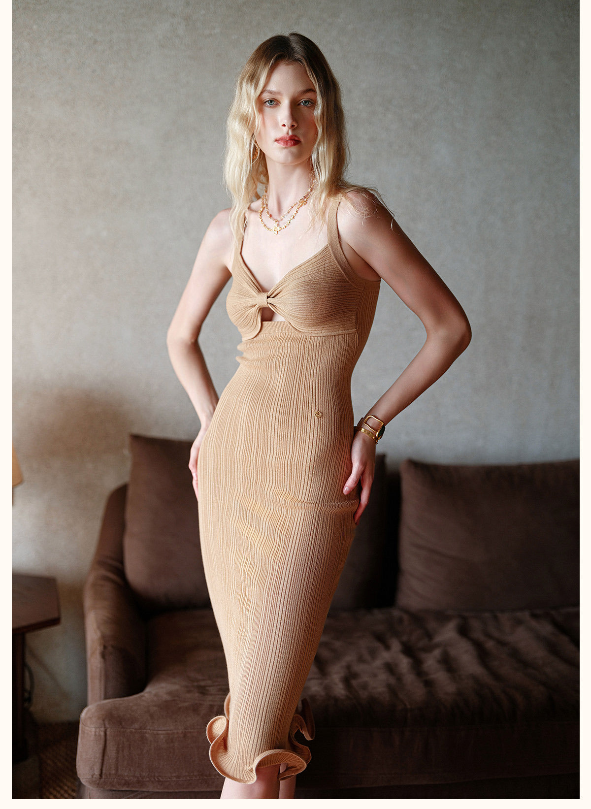 Sheerluck Elegant Vacation Cream Sculpt Bow Midi Dress
