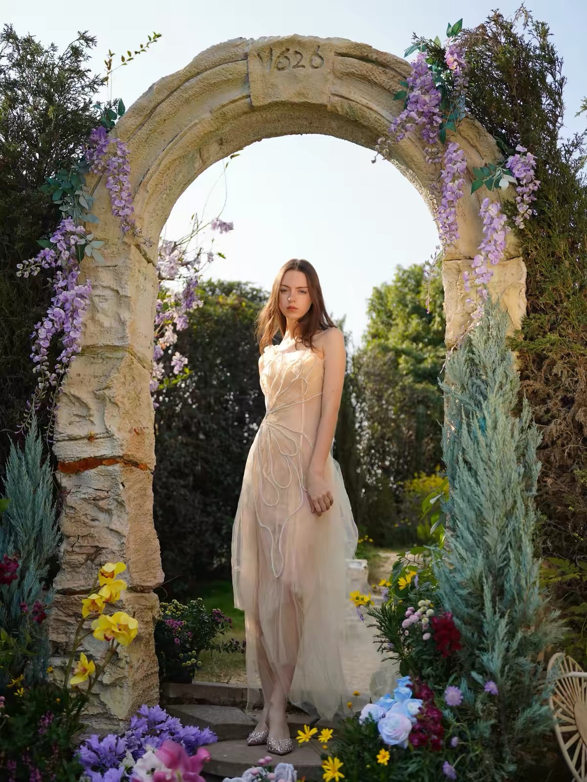 Nude One-Shoulder Beaded Butterfly Tulle Midi Dress