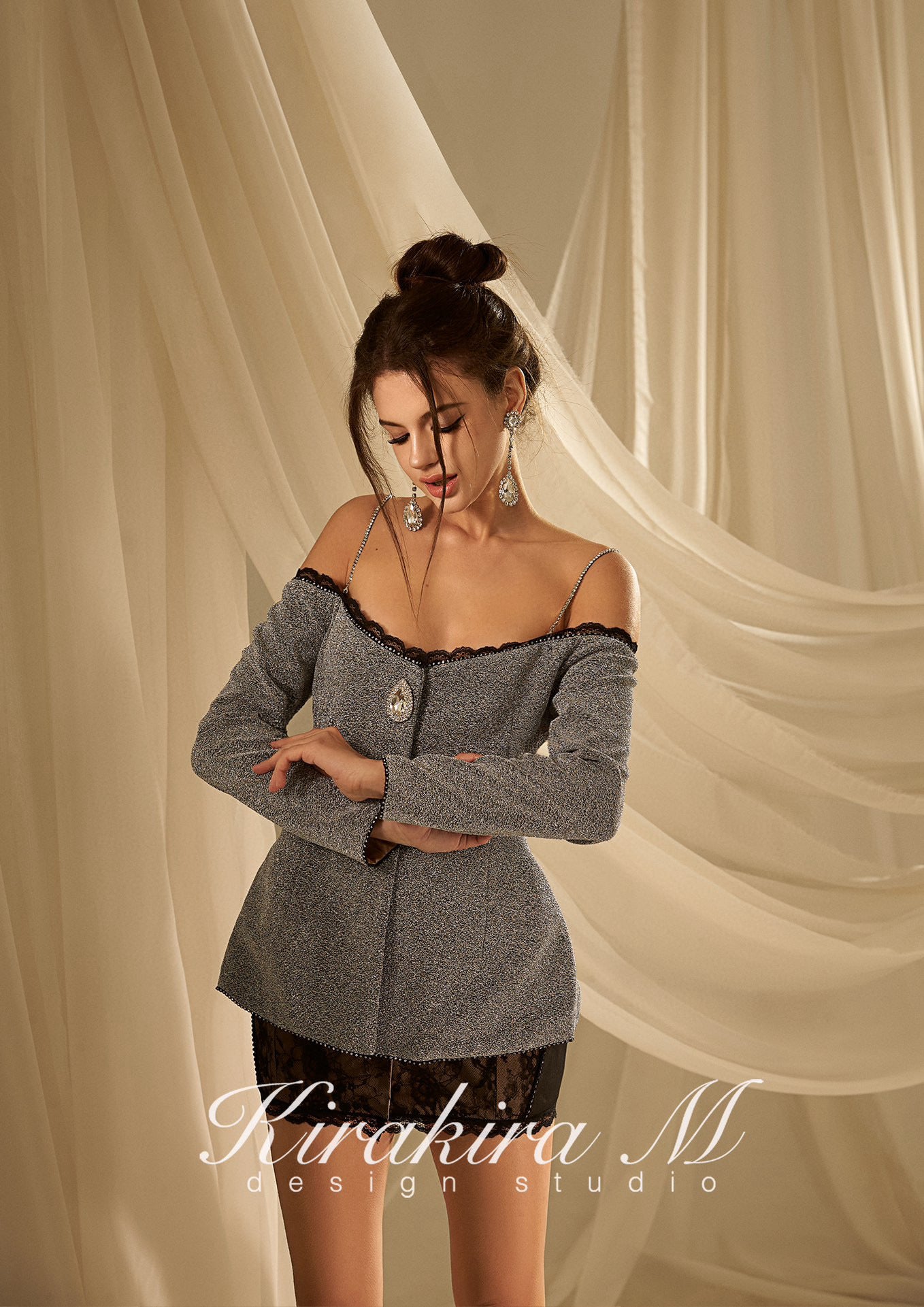 KIRAKIRA M silver off shoulder coat mini dress with laced detail