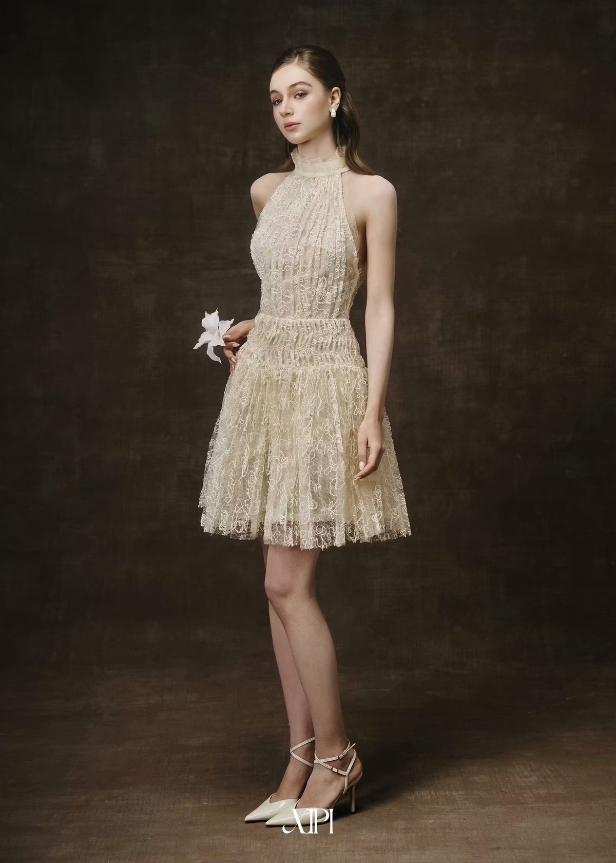 Cream Pleated Halter-neck Lace Narce Midi Dress