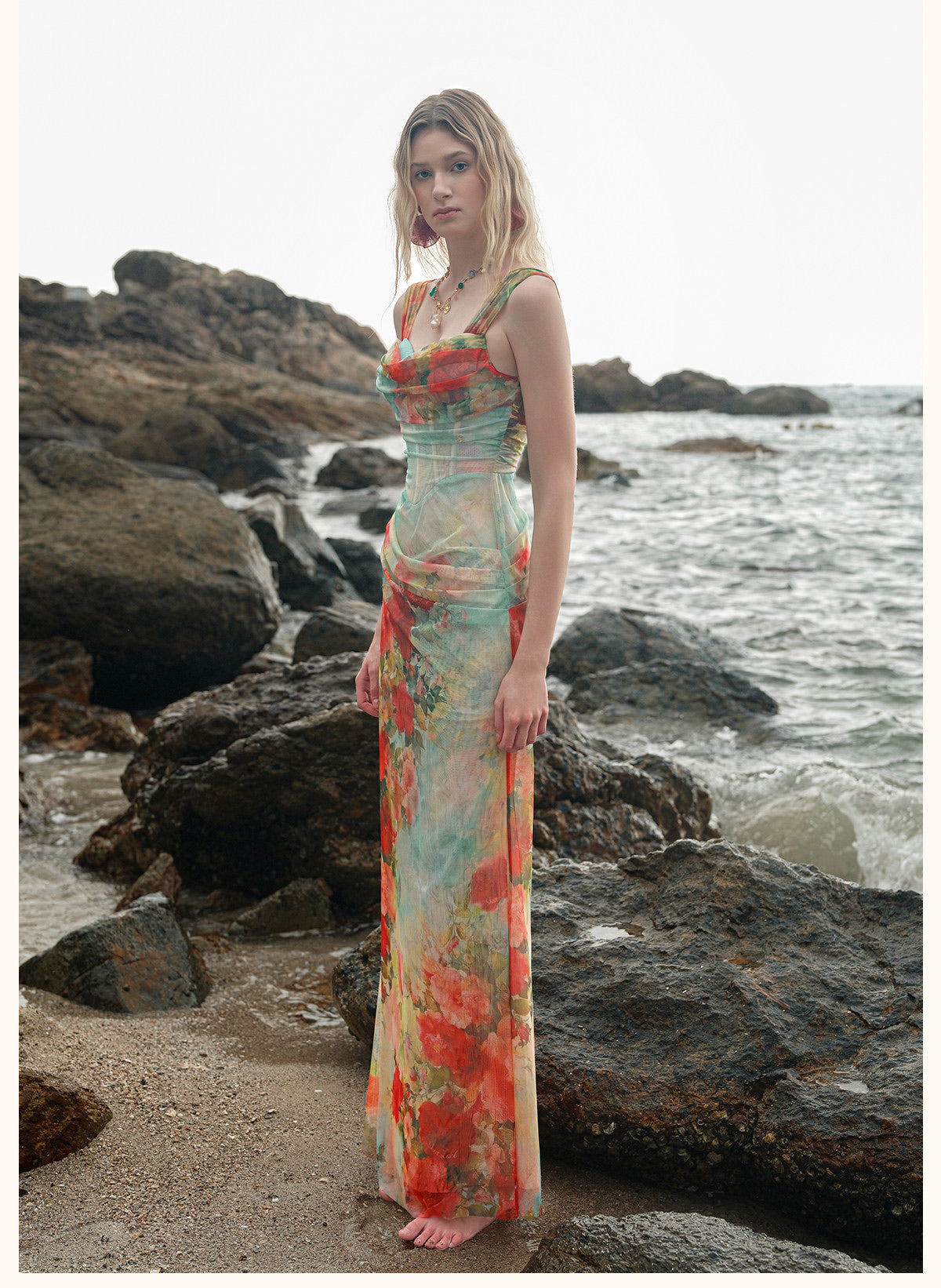 Multicolour Floral Off-Shoulder Corset Fishtail Maxi Dress