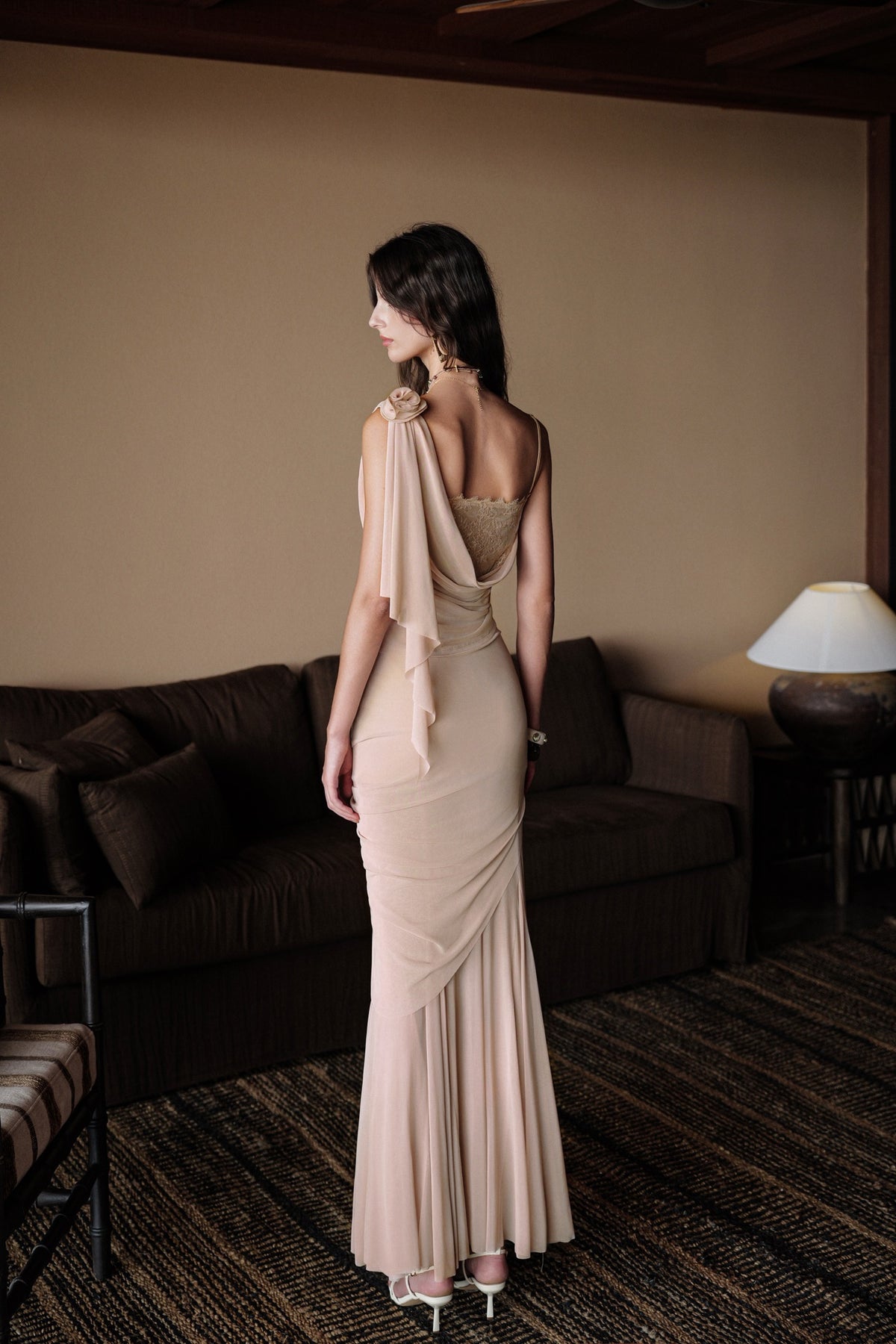 Nude Asymmetric One-Shoulder Draped Cutout 3D Floral Mermai
 Top & Maxi Skirt