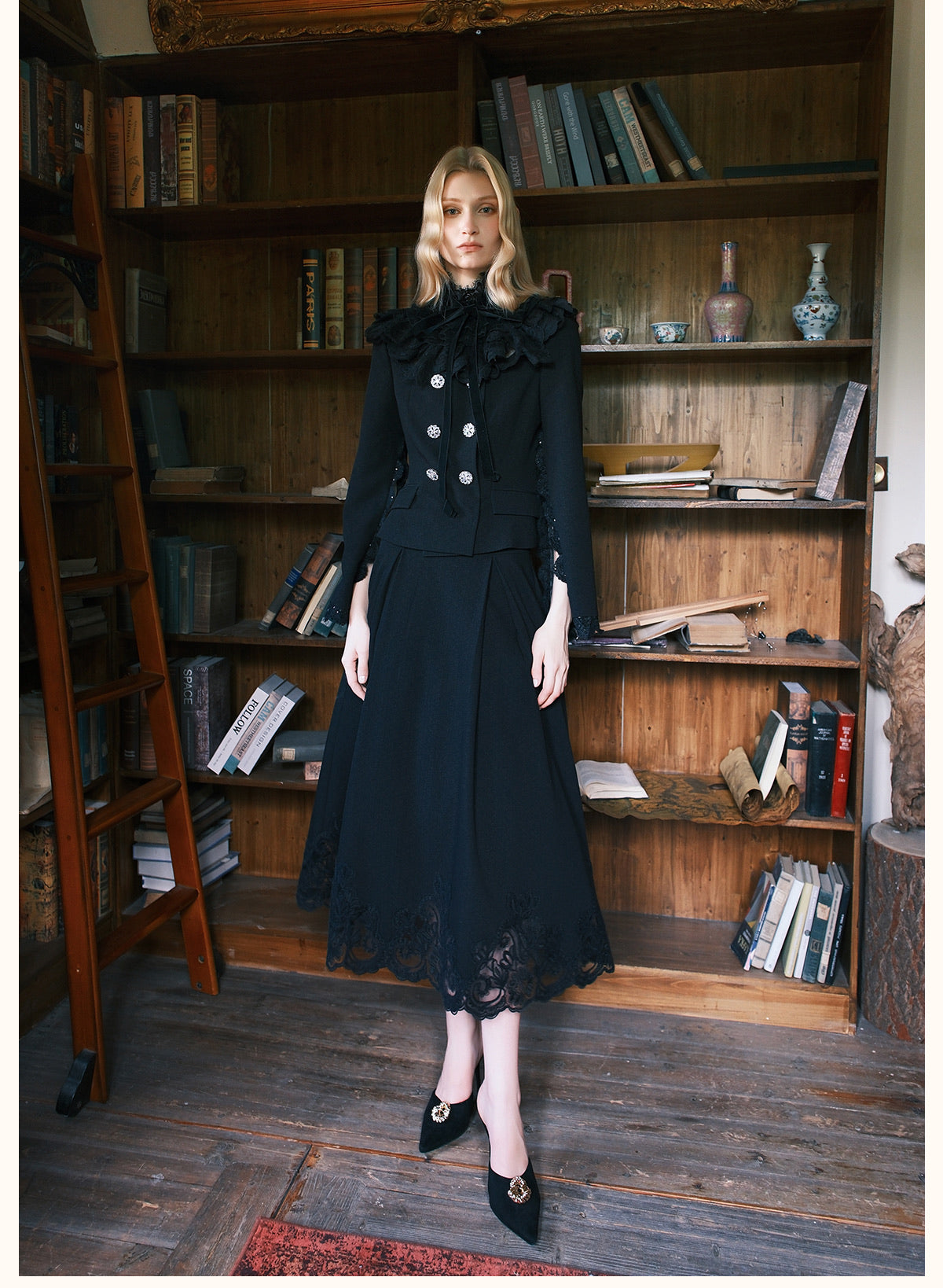 SHEERLUCK Black Mirage Vintage Stand Collar Lace & Diamond-embellished Jacket & Skirt