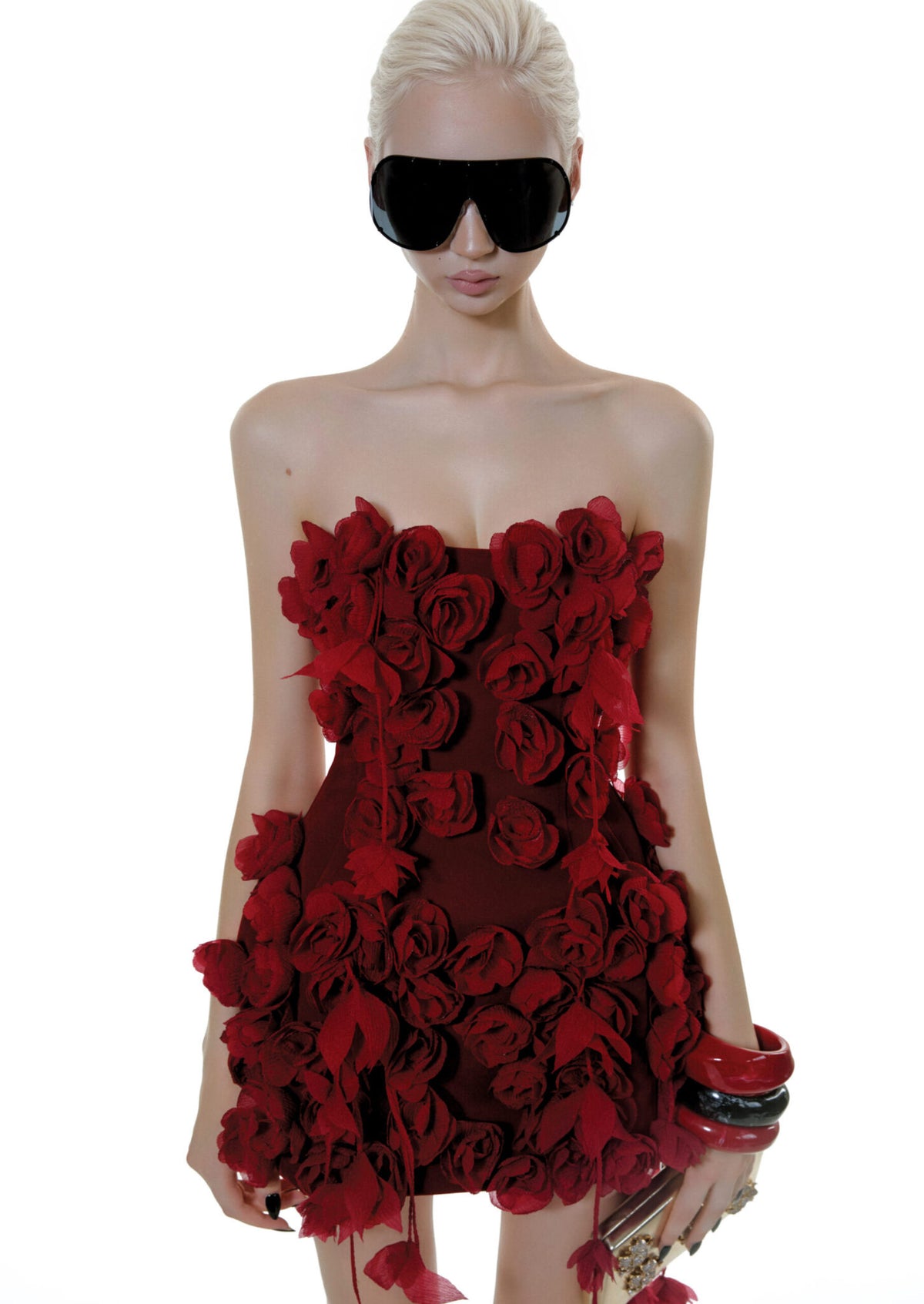 Red Strapless 3D-Rose Rosaria Mini Dress
