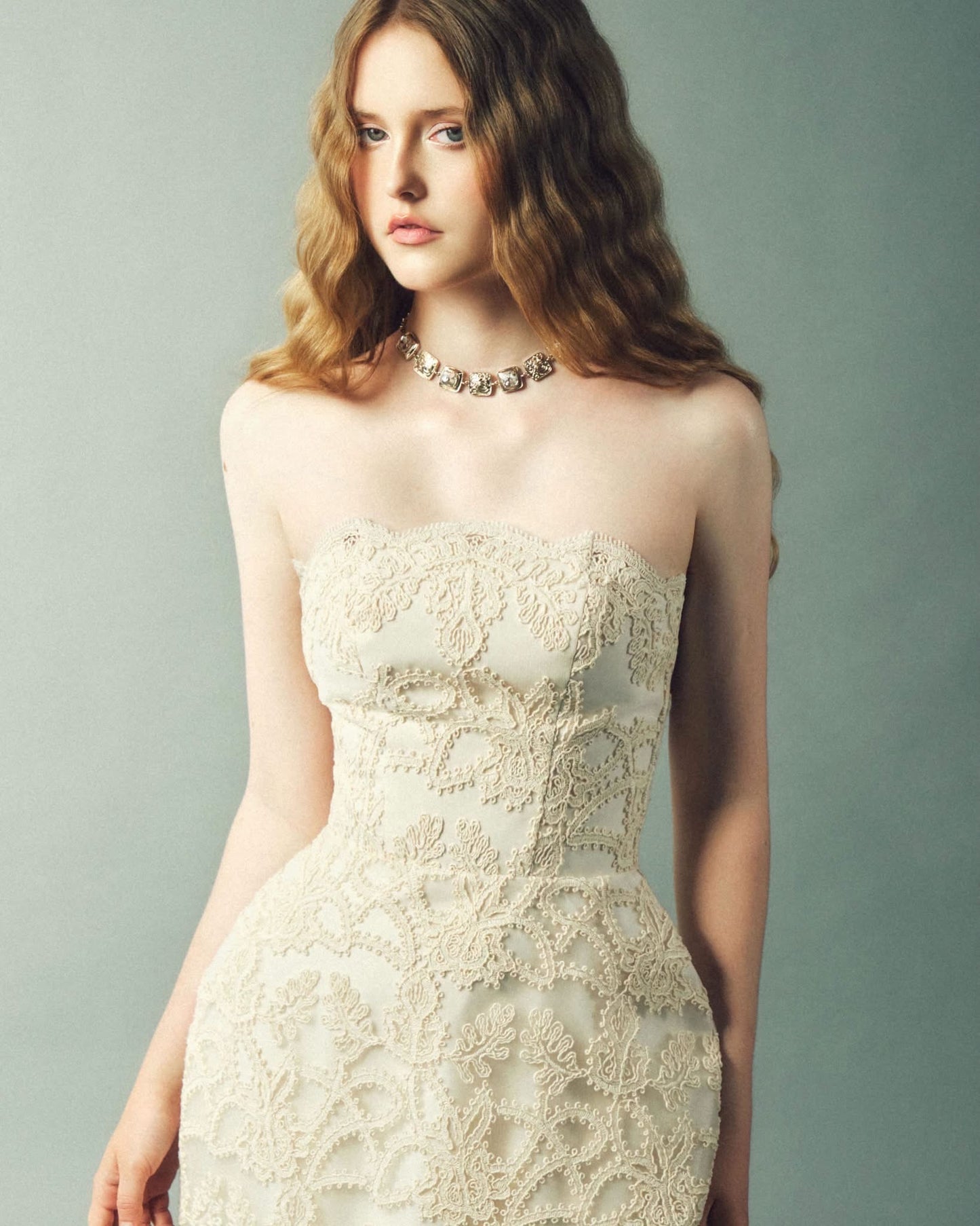 DELICIAE Cream Lace Raye Maxi Dress