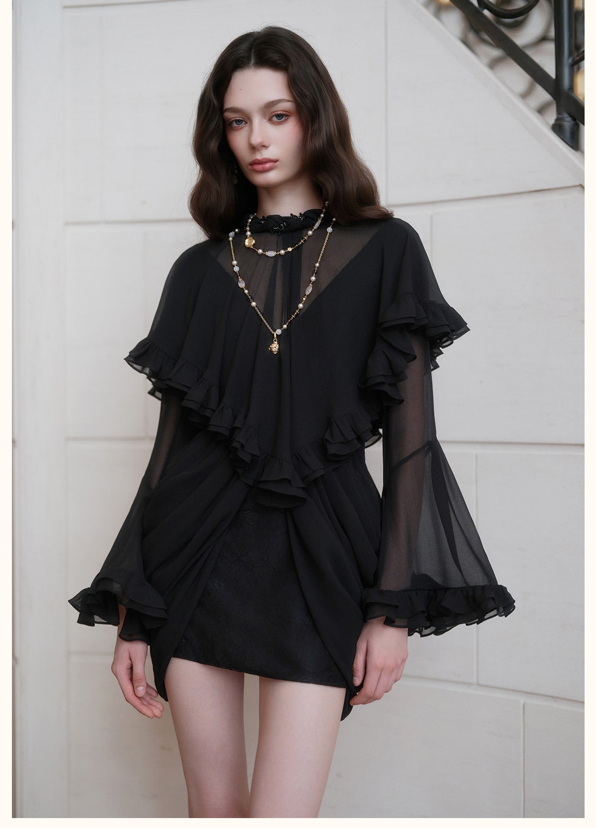 Black High-Neck Beaded Ruffle Bell-Sleeve Chiffon Overlay with Lace Mini Dress