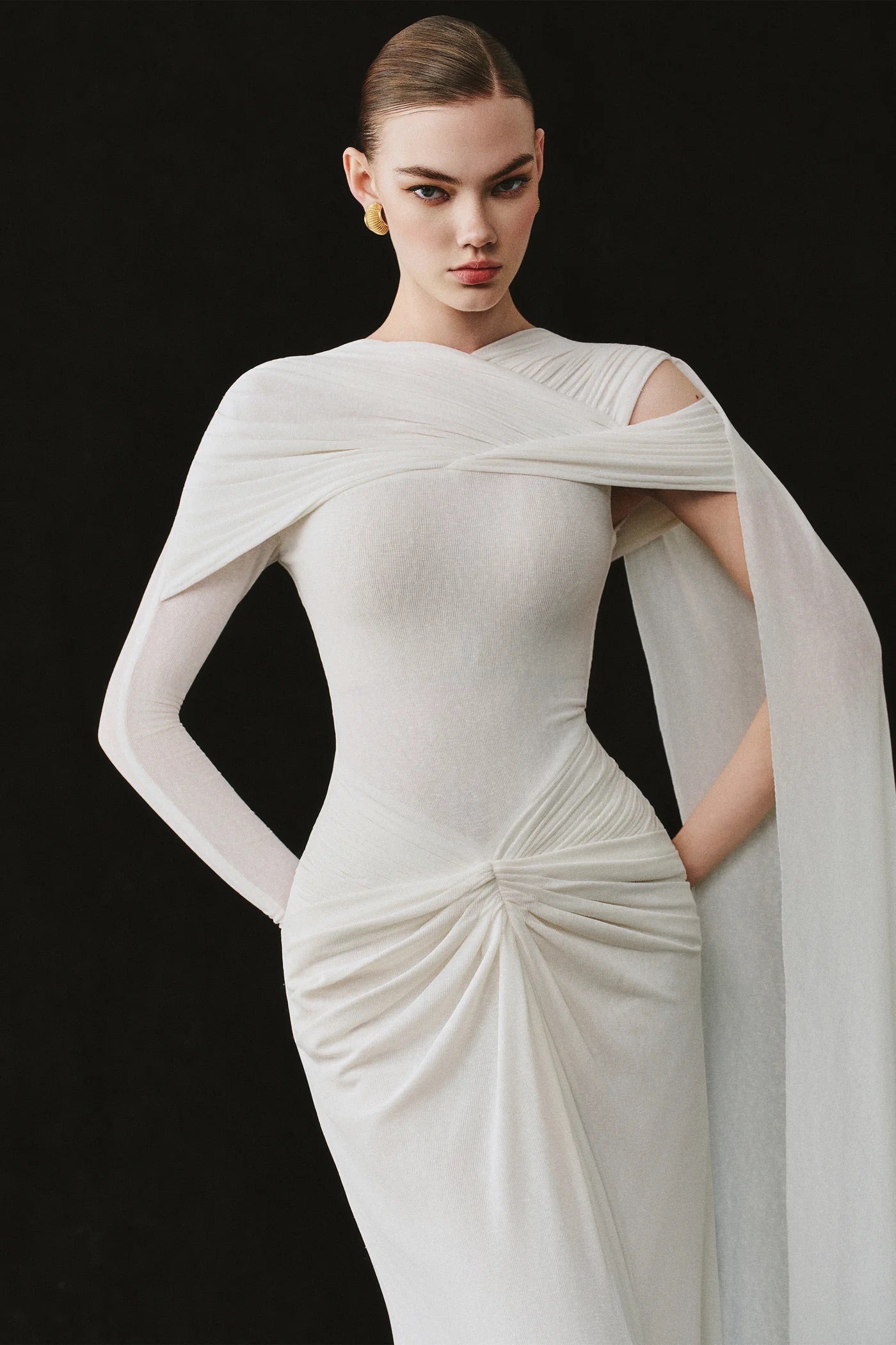 CICI White Elegant Vacation Elaria Draped Cape Maxi Dress