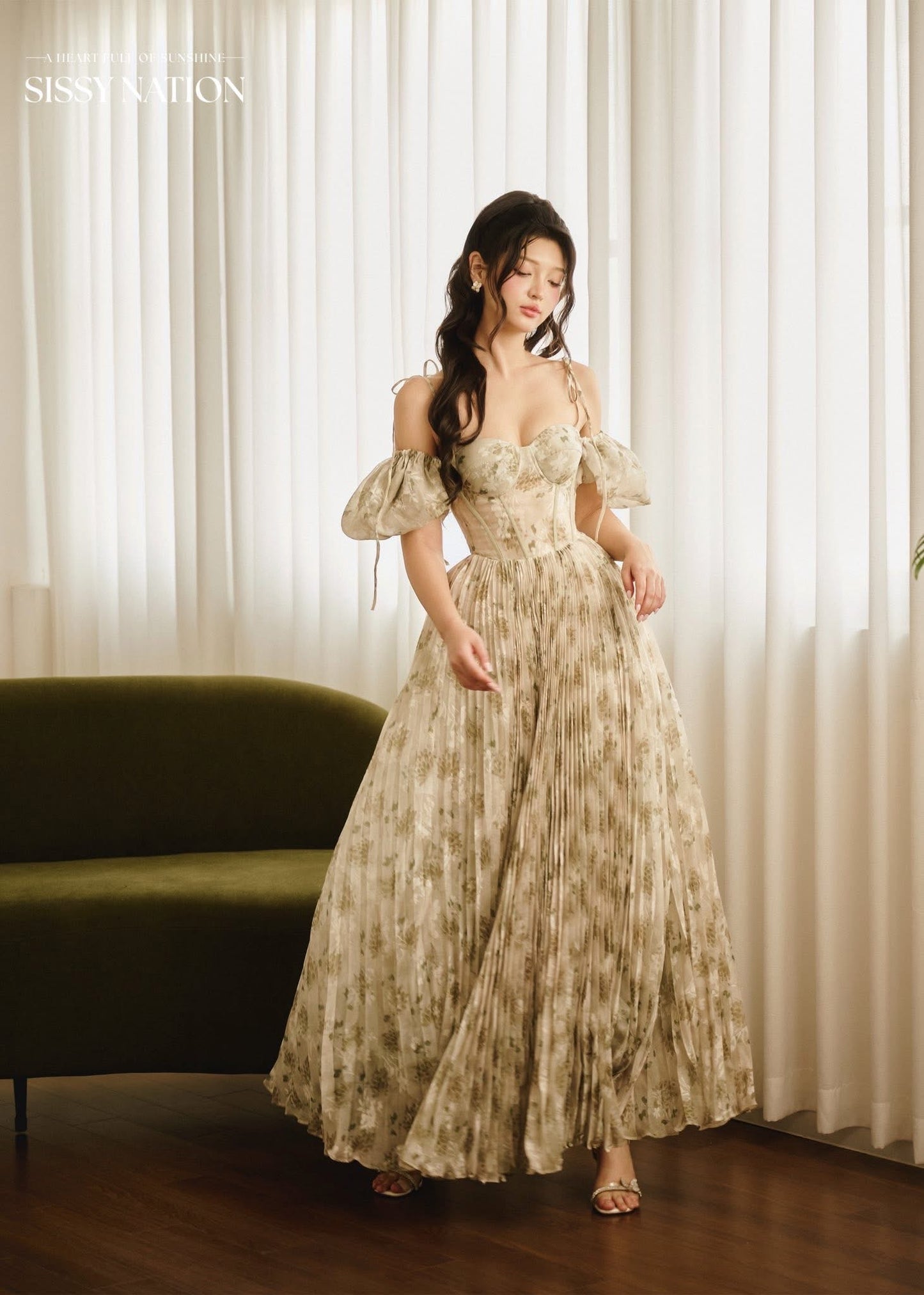 SISSY NATION Green Floal Tiana Pleated Maxi Dress