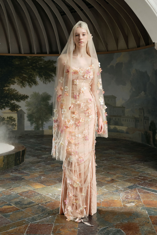 Nude Sheer Tulle 3D Floral Ruched Bodycon Maxi Dress & Scarf