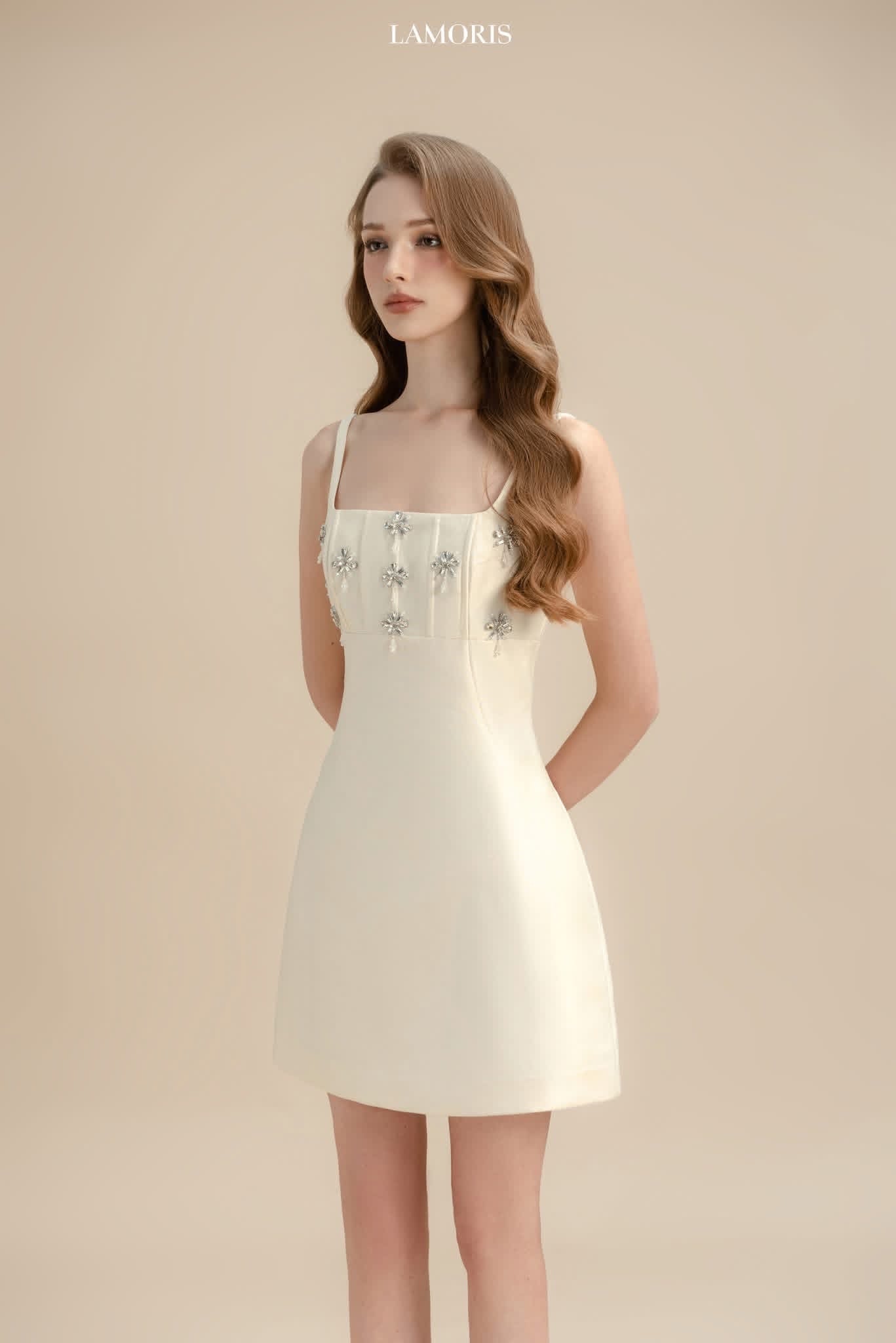 LAMORIS White Pearl Stones Mini Dress