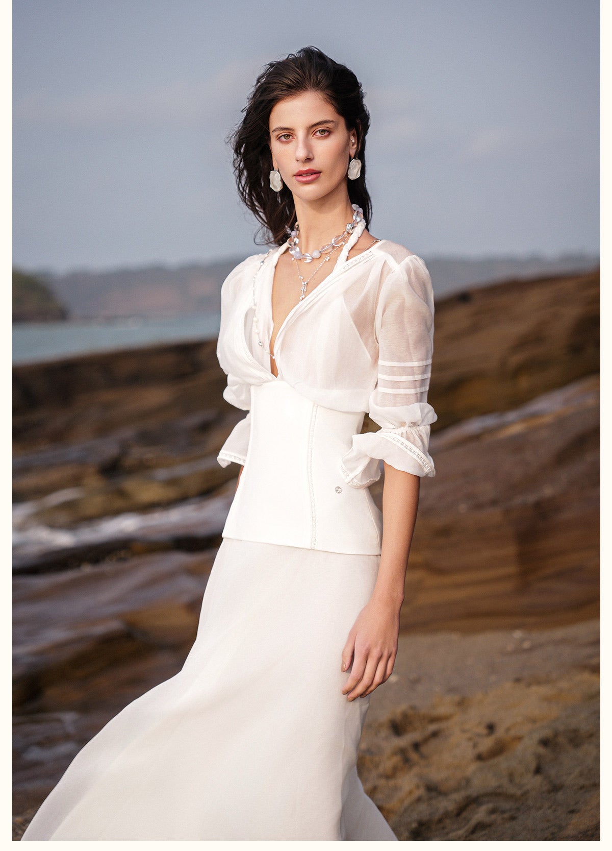 Sheerluck Elegant Vacation White Palazzo V-neck Maxi Dress