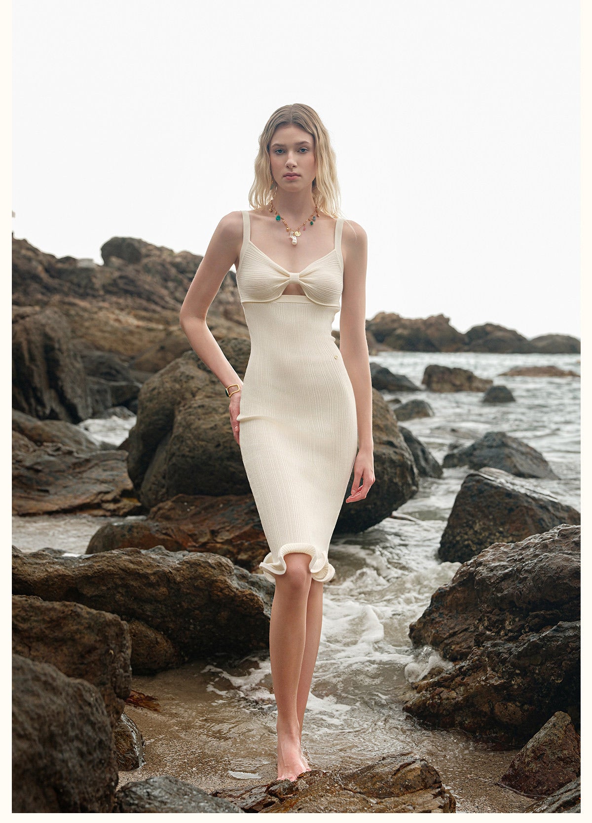 Sheerluck Elegant Vacation Cream Sculpt Bow Midi Dress