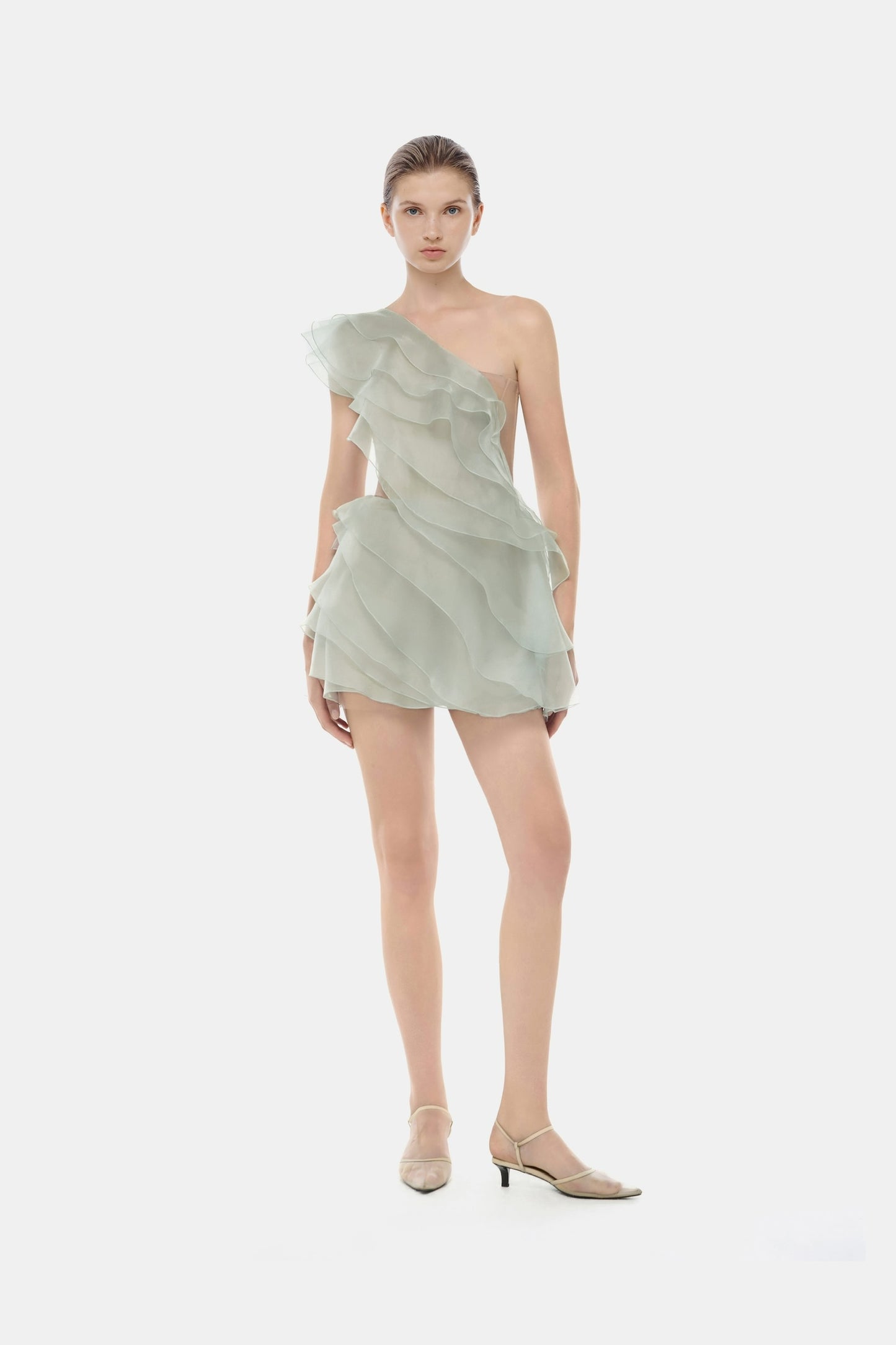 MONTSAND Green Vacation Elegant Ruffle One-shoulder Mini Dress