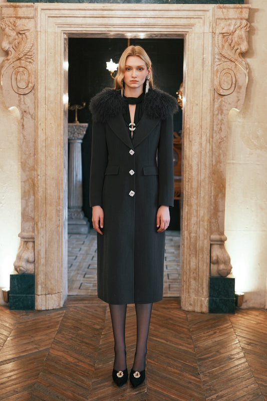 SHEERLUCK Grey Nata Detachable Sheepskin Collar Diamond Buckle Slim-Fit Wool Coat