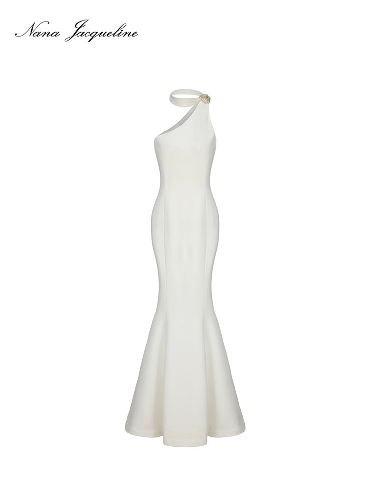 NanaJacqueline white ribbon with diagonal collar fish tail maxi dress