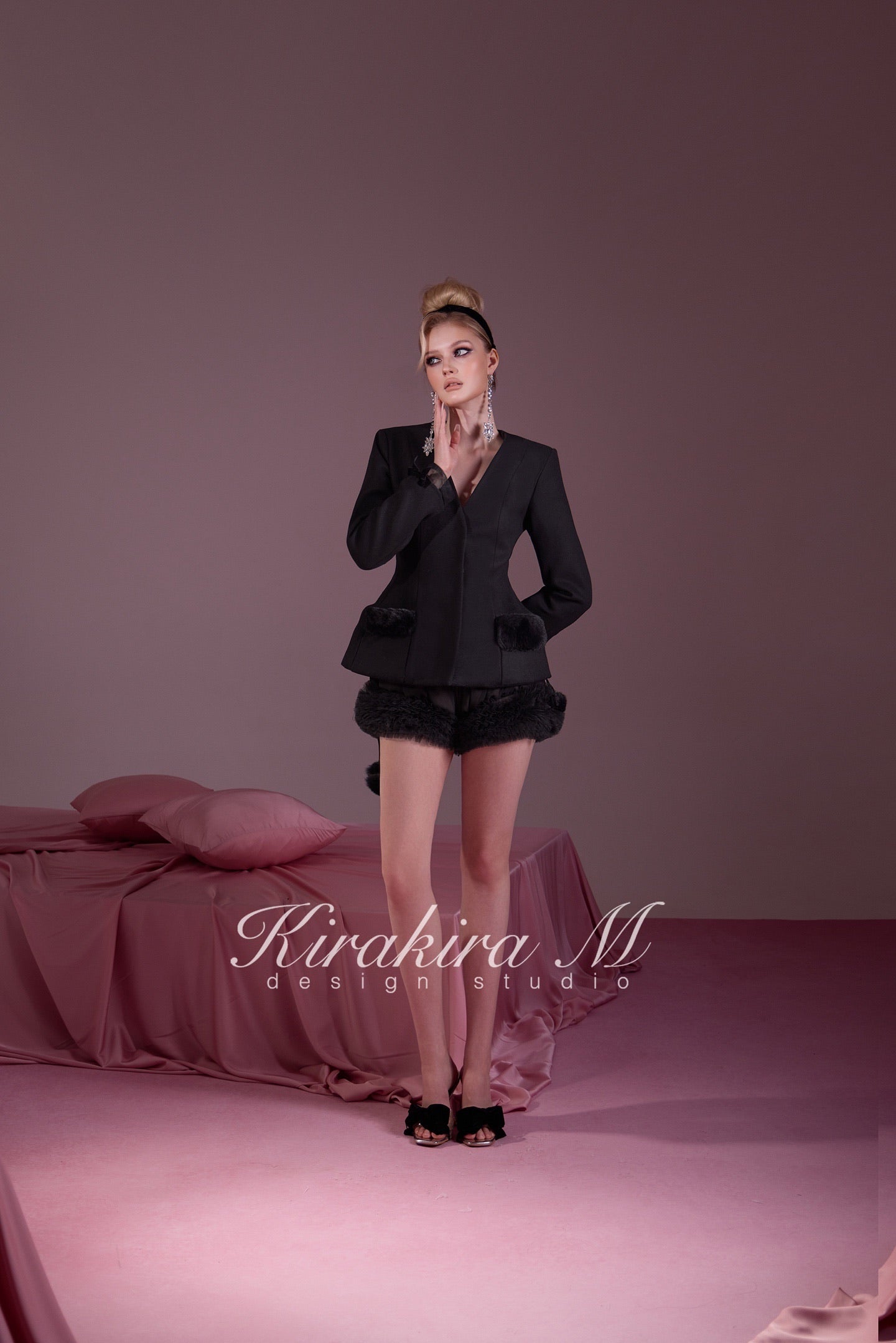 KIRAKIRA M Black Wool V-Neck Fitted Jacket & Low-Waisted Bell-Bottom Shorts