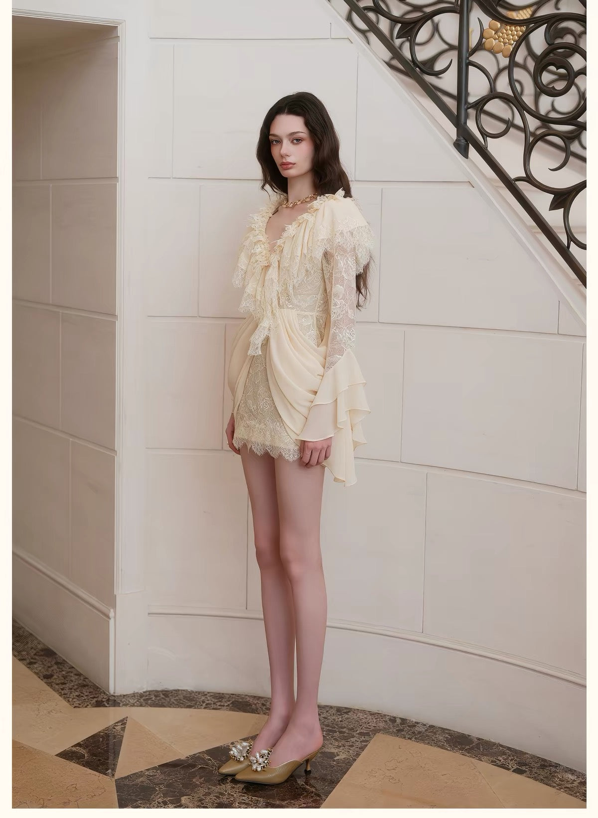 Cream V-Neck Lace Ruffle Long-Sleeve Mini Dress