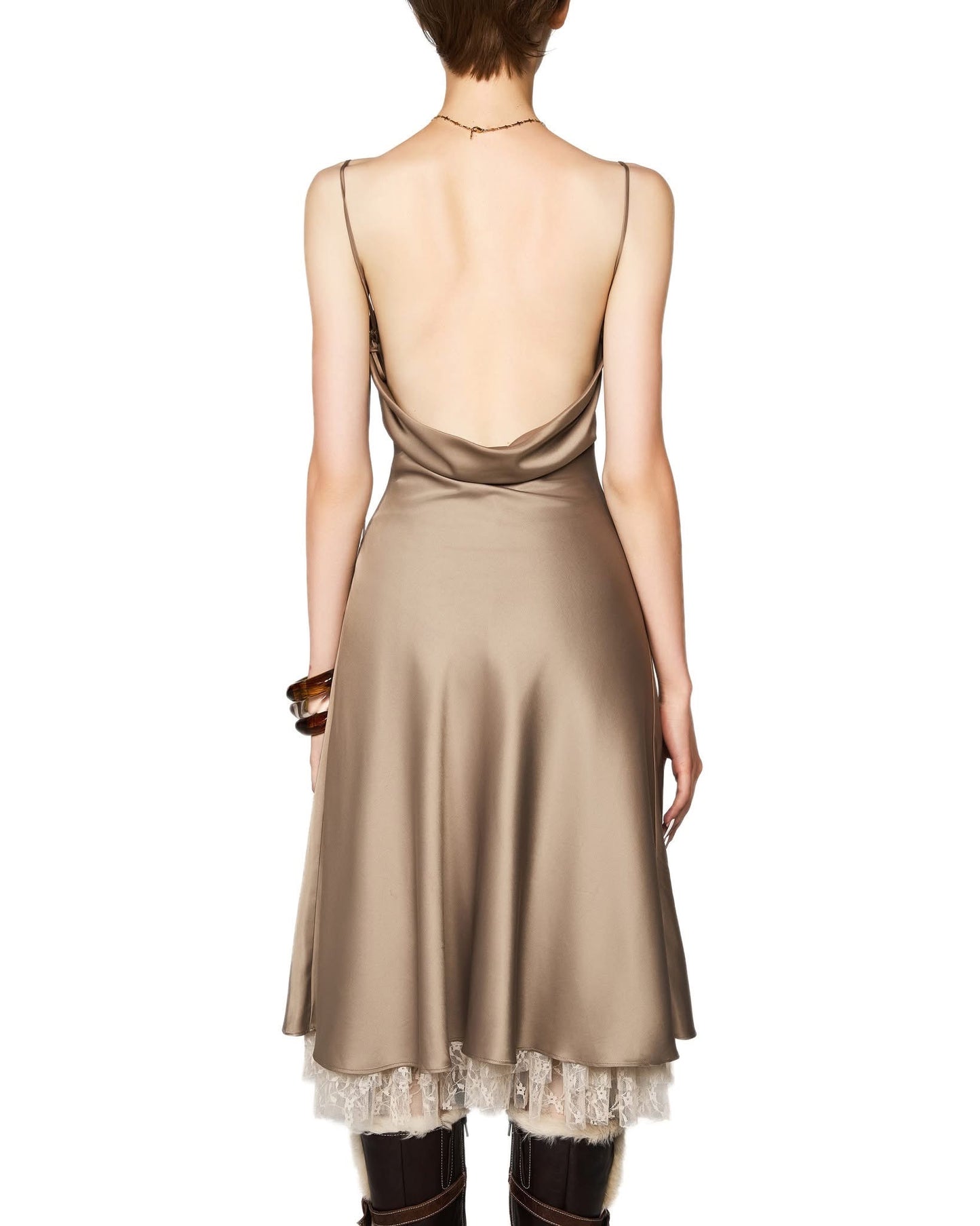 LSOUL BROWN& NUDE SATIN ACETATE MIDI DRESS