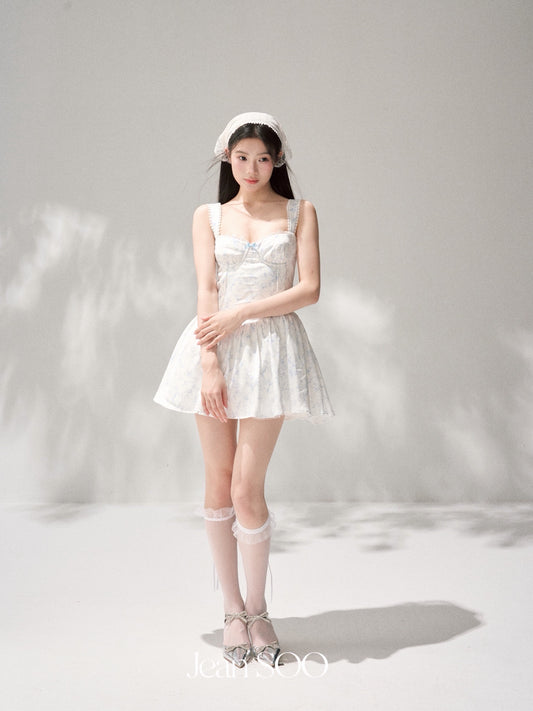 JEAN SOO Sweet Vacation White Blue Bow Mini Dress