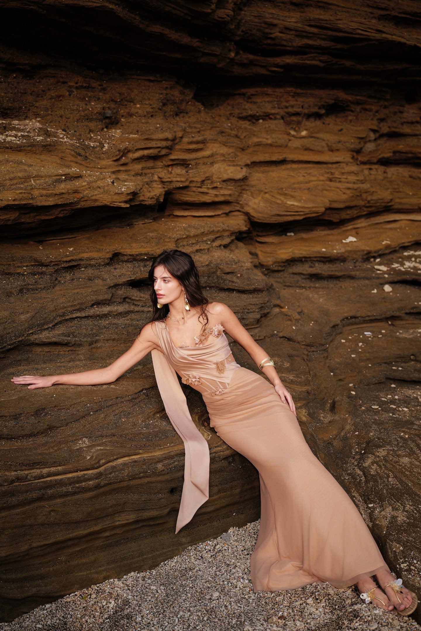SHEERLUCK Sexy Vacation Brown Sculpt Flower Fish-tail Maxi Dress