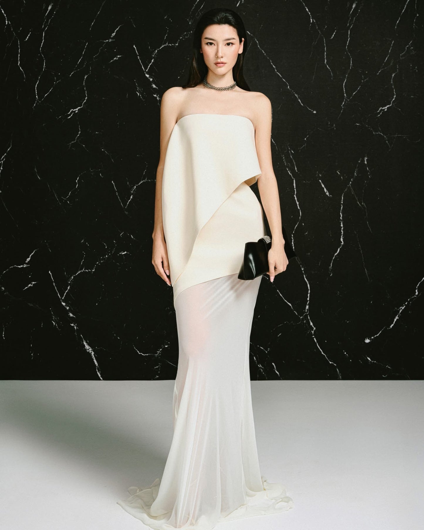 LANE JT Elegant Minimalist White Cece Chiffon Tail Maxi Dress