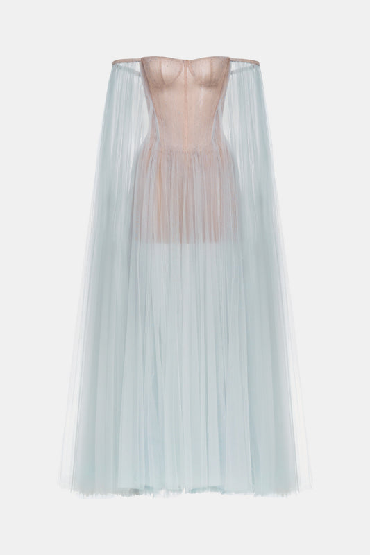 MONTSAND Blue Vacation Elegant Tulle Off-shoulder Maxi Dress