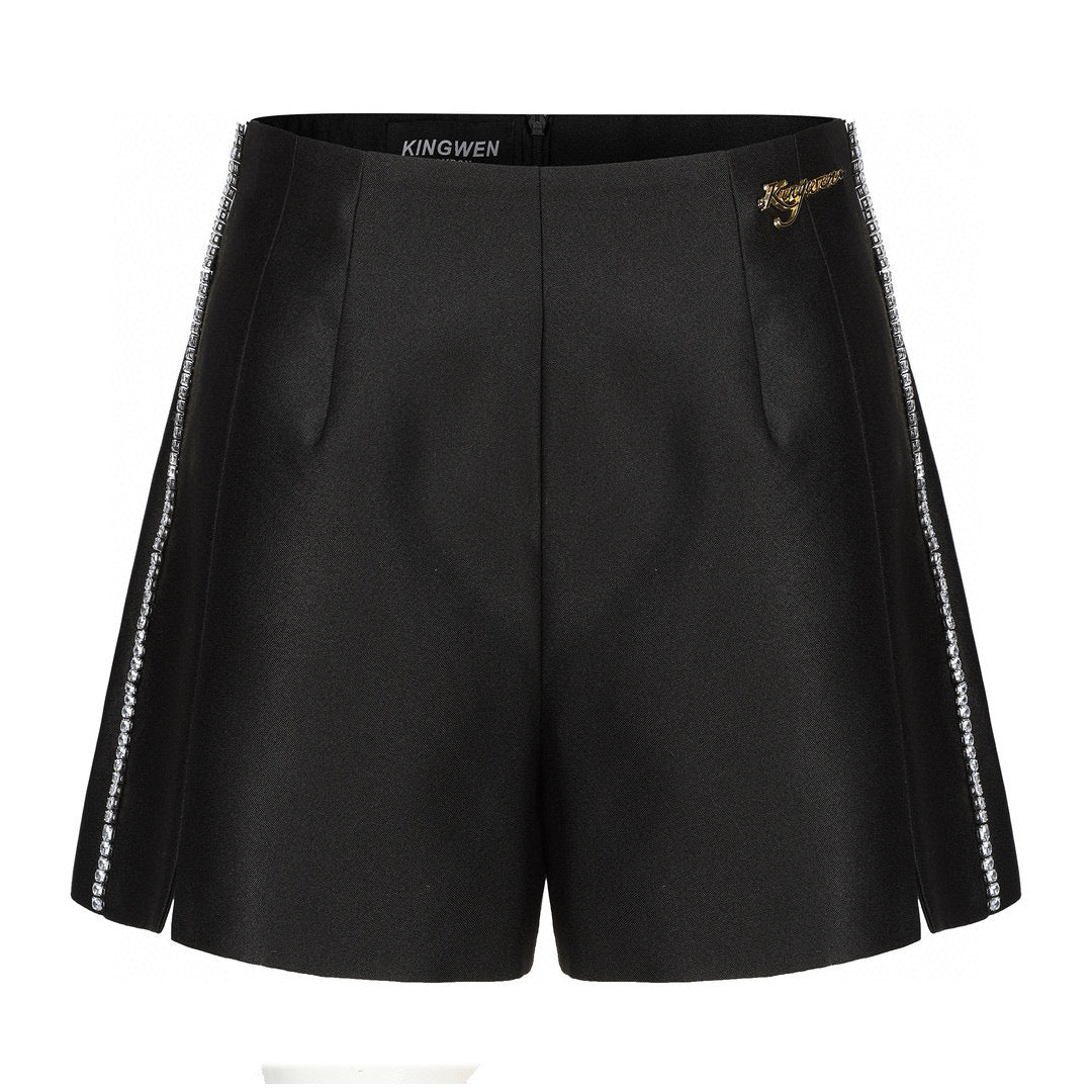 KINGWEN Beige & Black Satin Diamond Chain Shorts