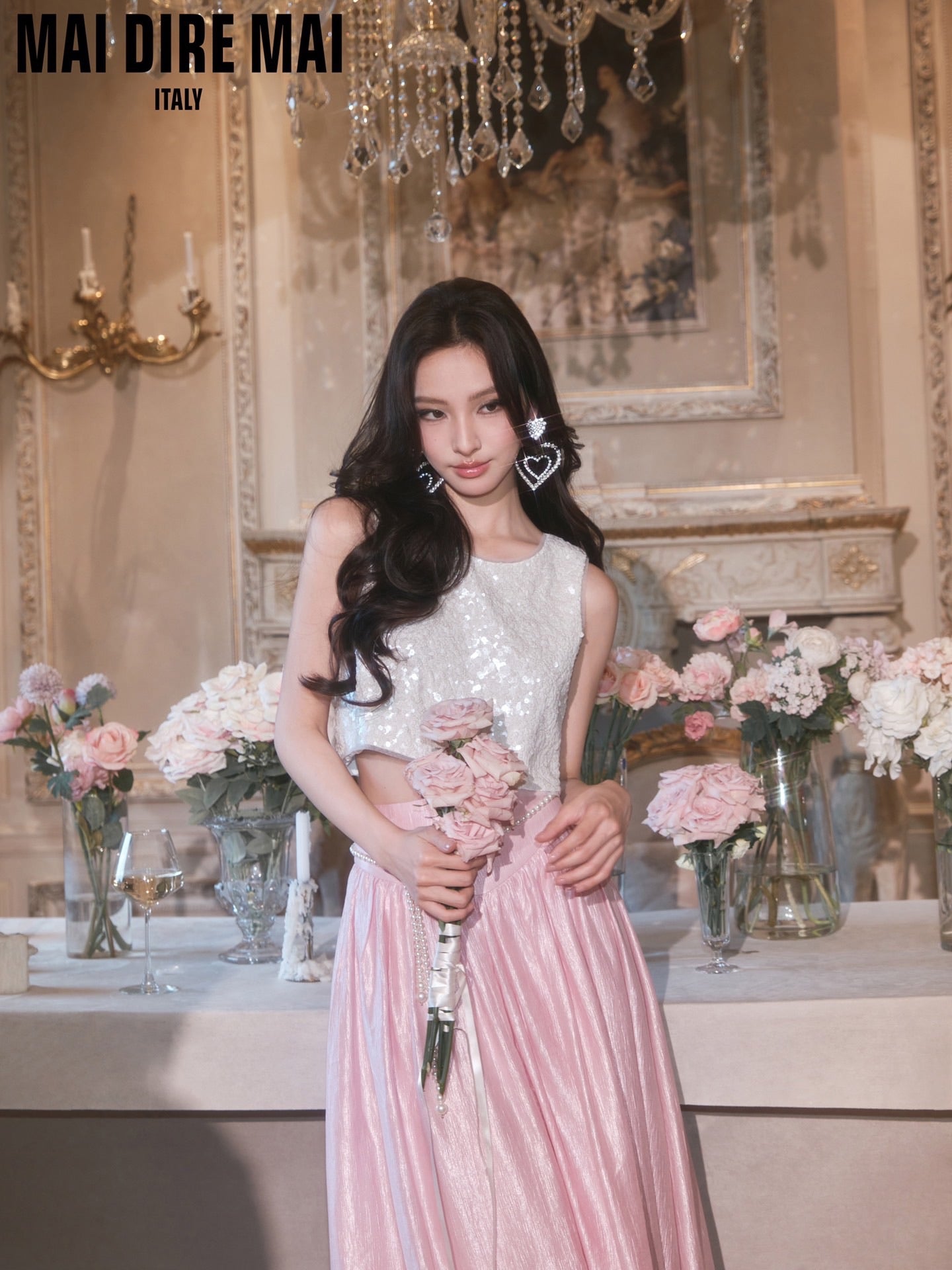 MAI DIRE MAI White Vacation Bow Sequins Top & Pink Skirt