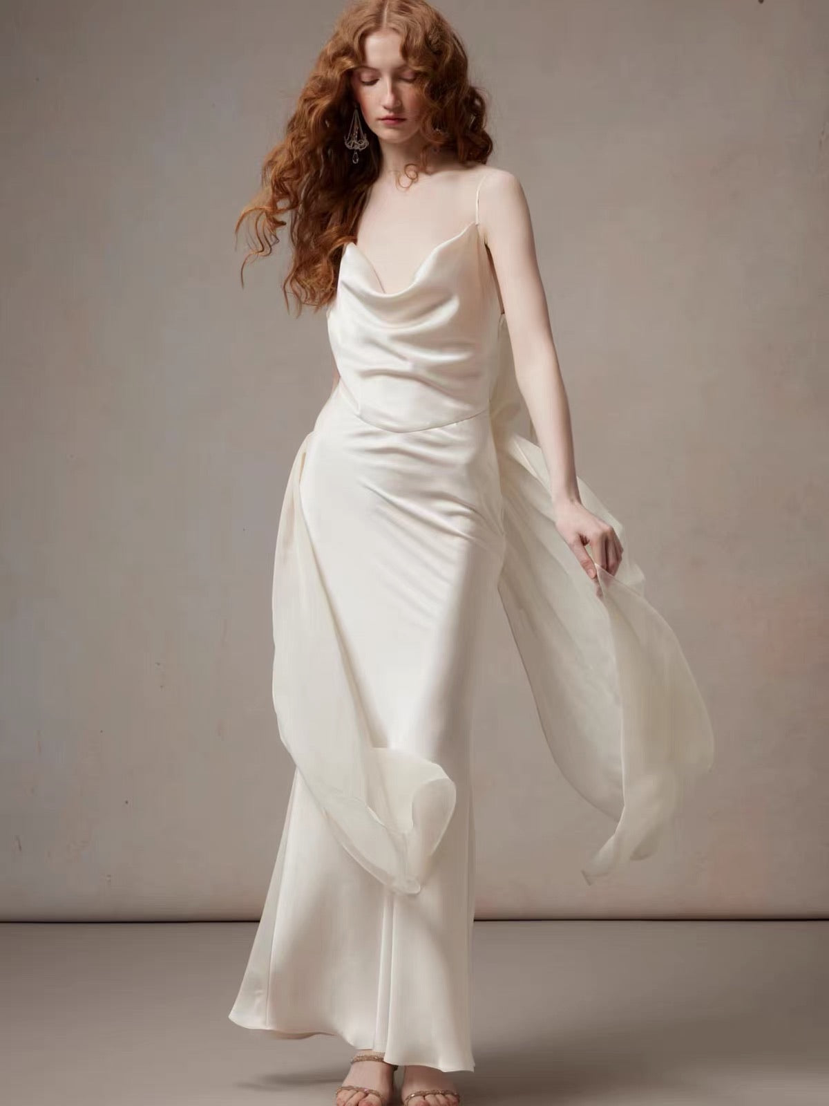 White Satin Cowl-Neck Slip Column Maxi Dress