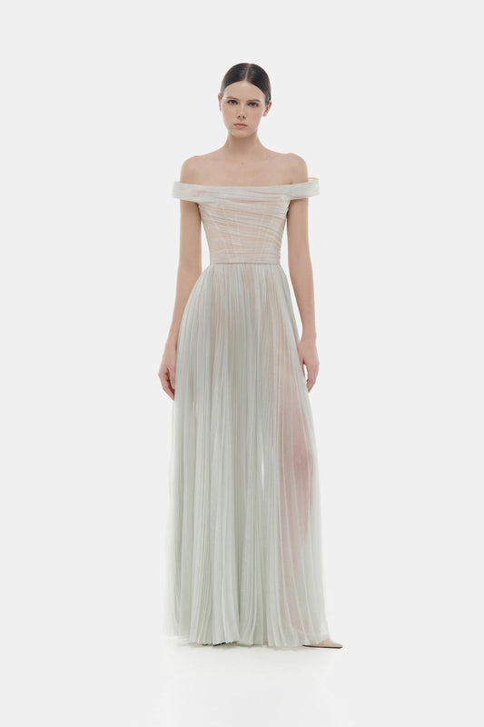 MONTSAND Green Blue Purple Violet Off-shoulder Maxi Dress