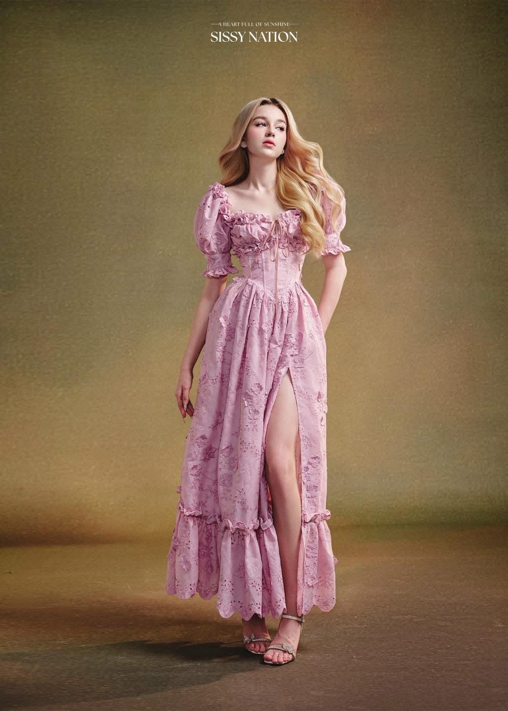 SISSY NATION Pink Forbidden Corset Pleated Maxi Dress