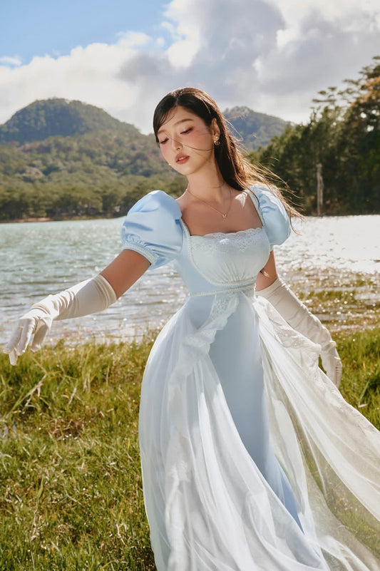 SISSY NATION Sweet Elegant Fairycore Blue Daphne Silk Maxi Dress