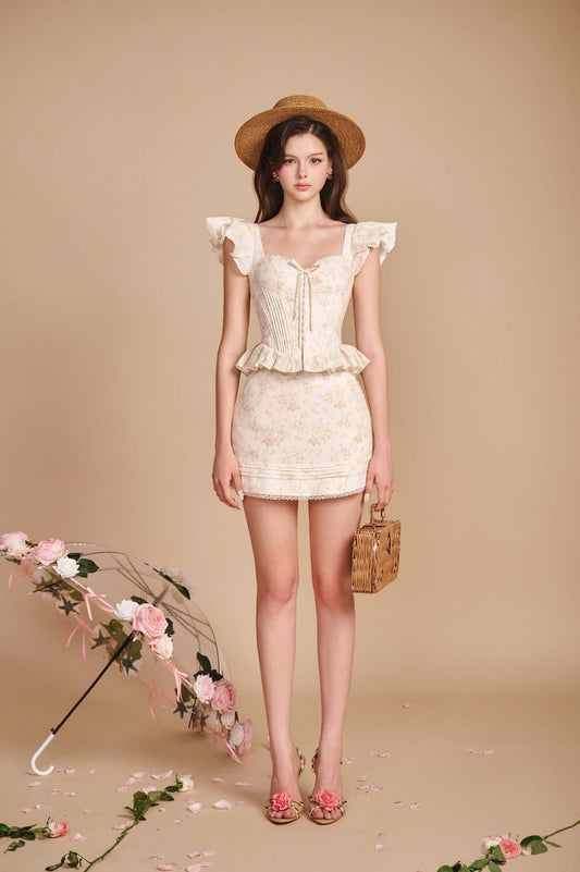 SISSY NATION Sweet Elegant Fairycore Cream Daisy Dream Corset Top & Skirt
