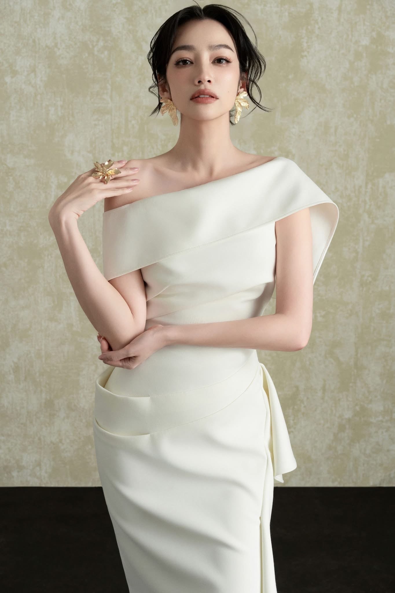 White Arene Asymmetric Midi Dress