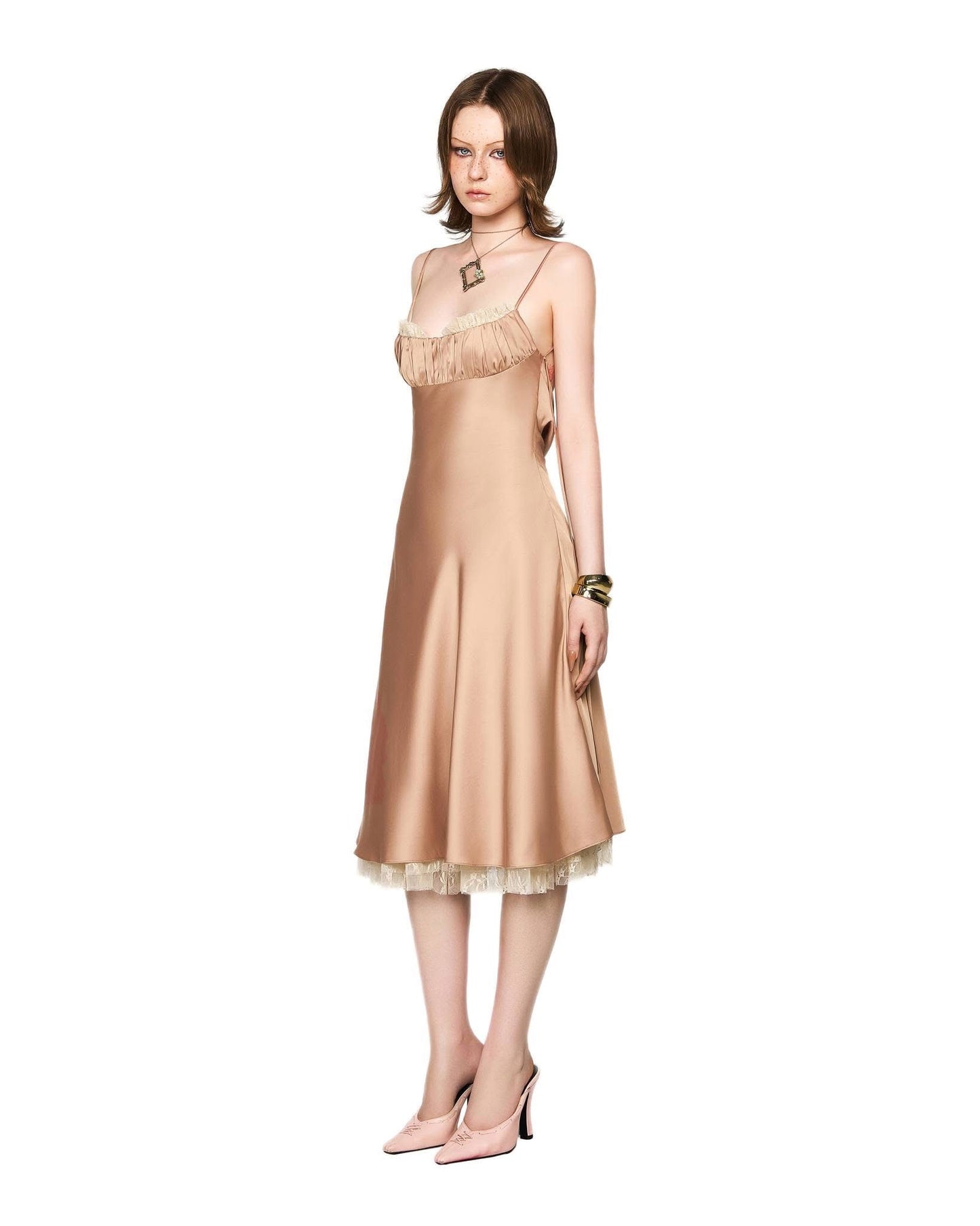 LSOUL BROWN& NUDE SATIN ACETATE MIDI DRESS