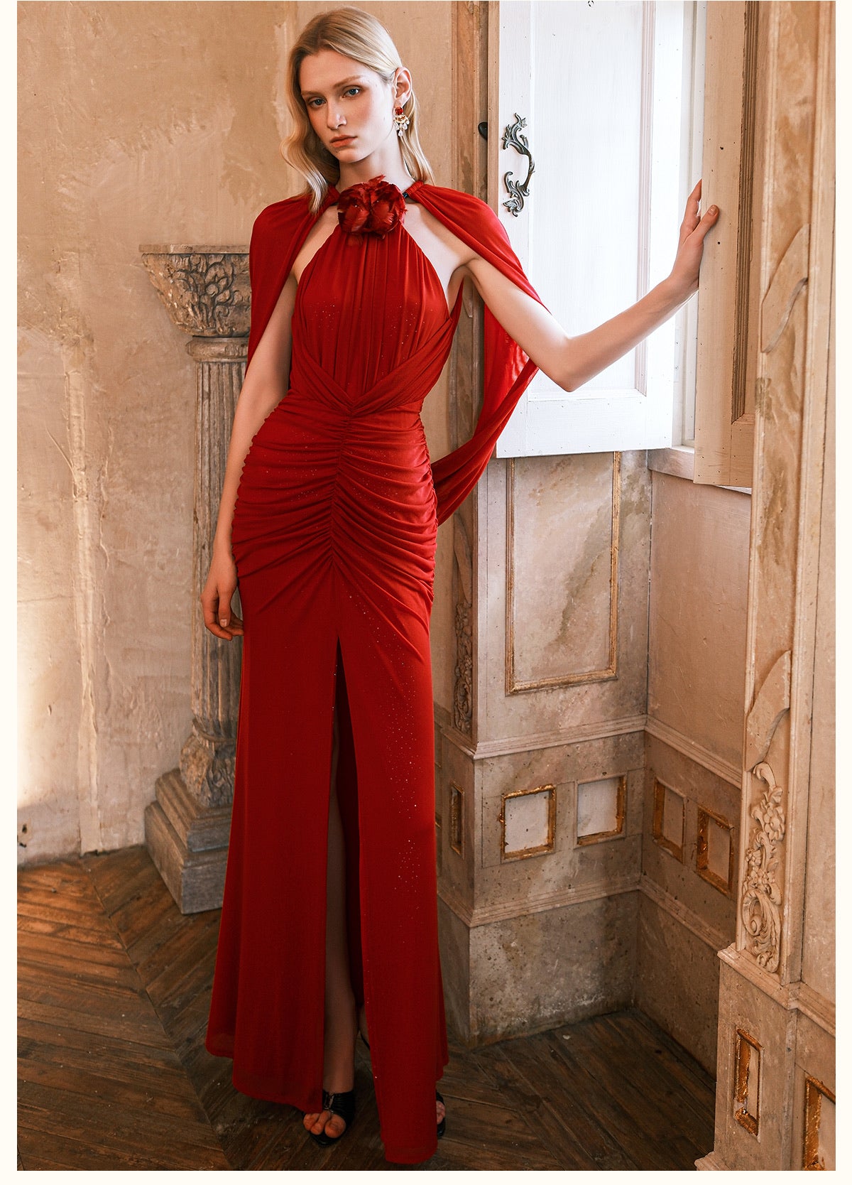 SHEERLUCK Green Deva Halter Neck Shawl Maxi Dress