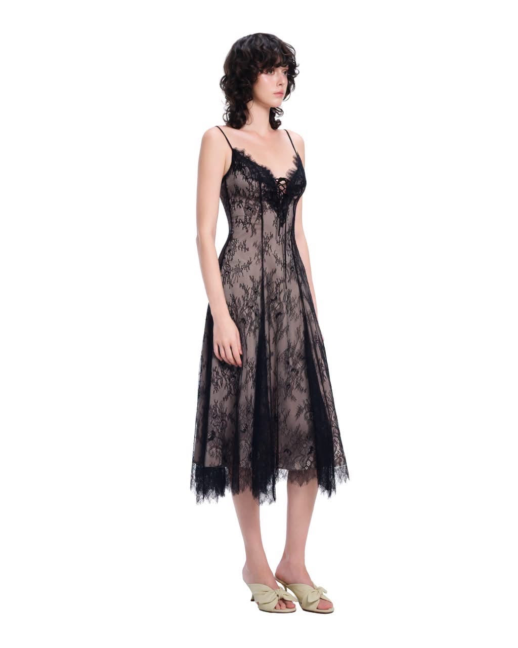 Black Spaghetti-Strap V-Neck Criss-Cross Lace Gonna Midi Dress