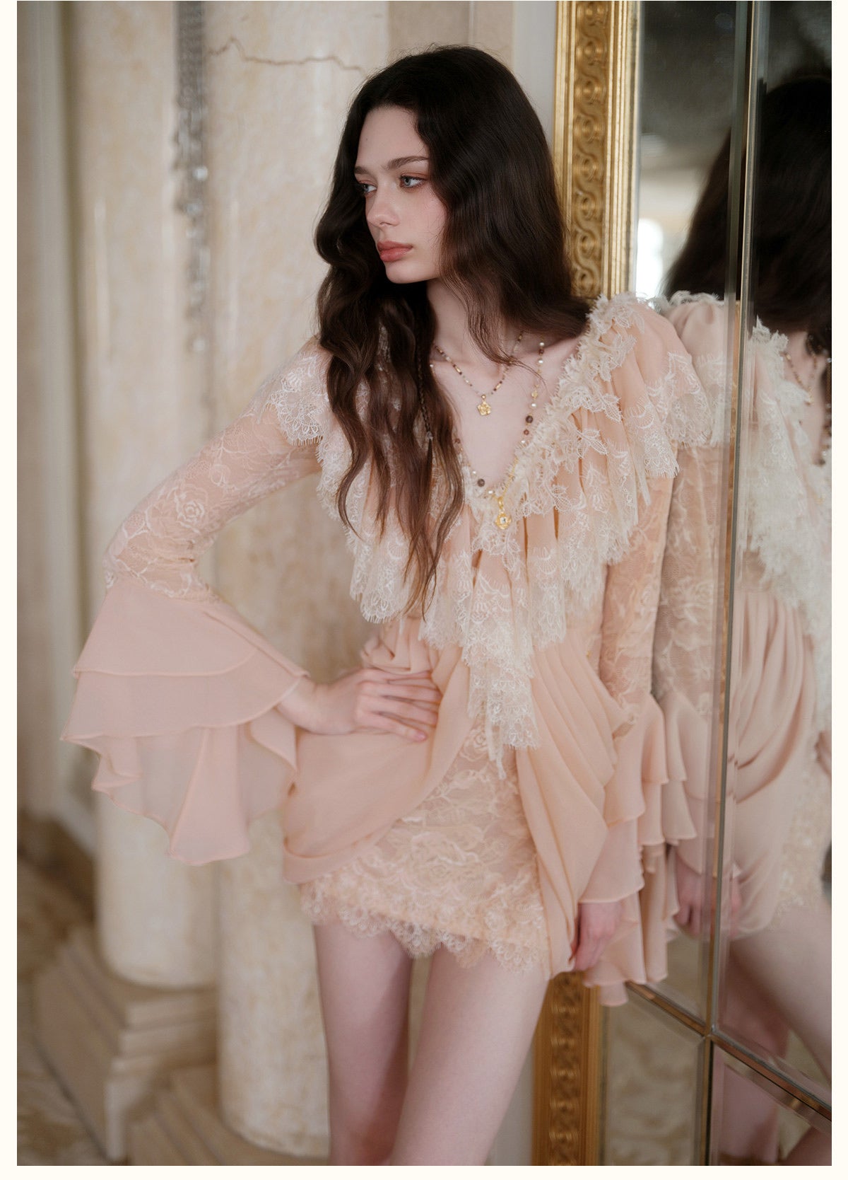 Cream V-Neck Lace Ruffle Long-Sleeve Mini Dress