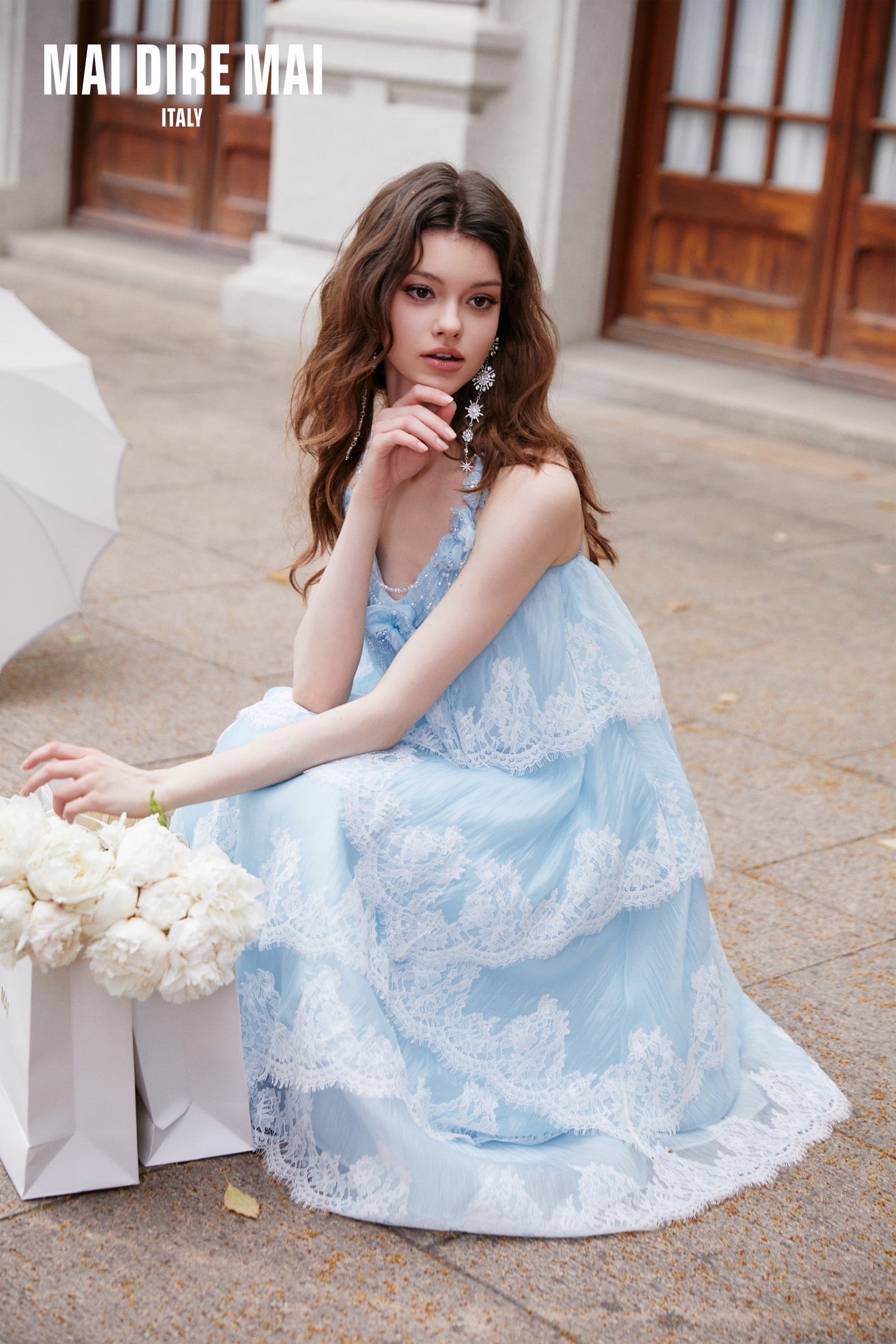 MAI DIRE MAI Elegant Vacation Blue Lace Floral Maxi Dress