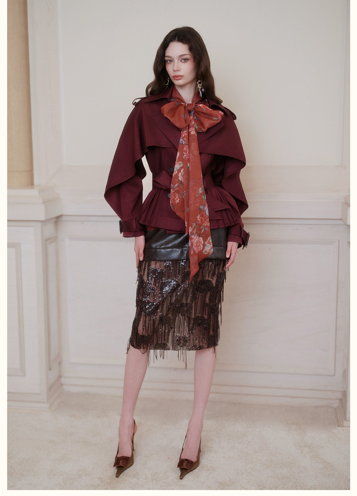 Red Cape-Sleeve Cinched Cropped Jacket