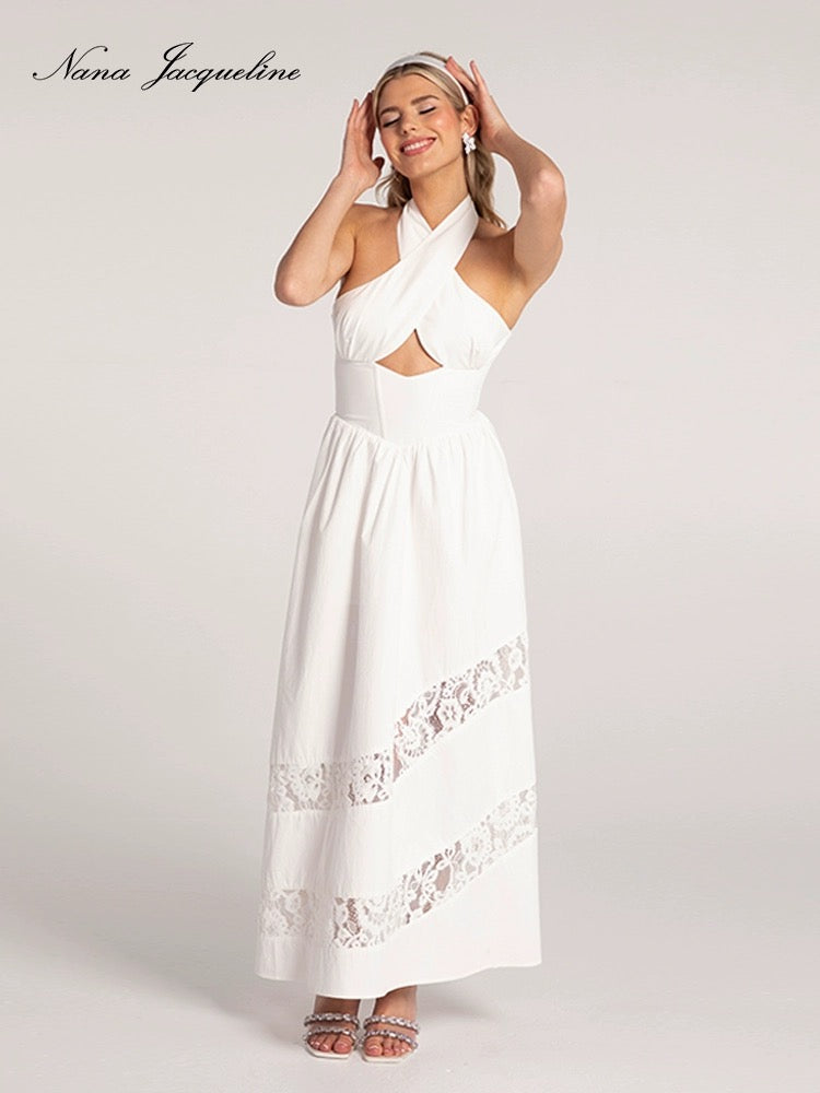 Nana Jacqueline white cross-halter cutout maxi dress