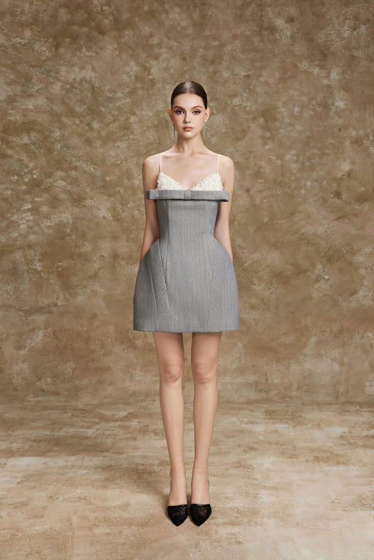 Grey Strap V-Neck Corset Bow Striped Sylvia Mini Dress