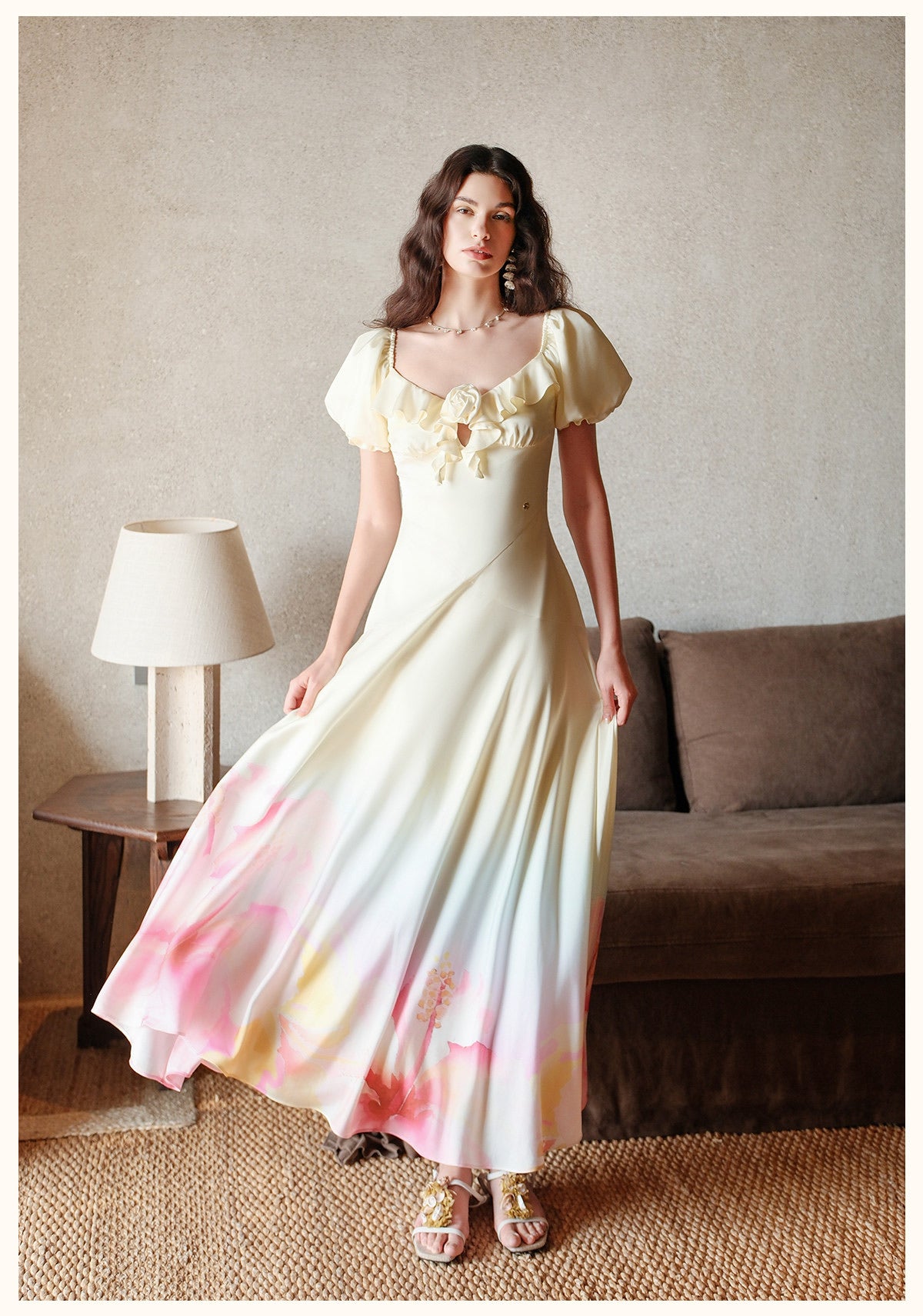 SHEERLUCK Yellow Floral Florette Vacation Maxi Dress