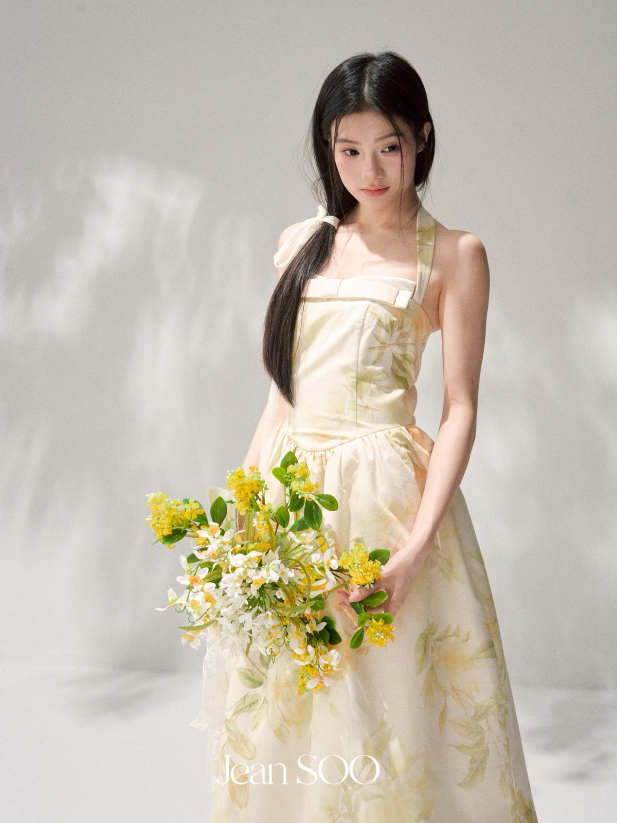 Yellow Ink Floral Halter Strapless Bow Swing Midi Dress