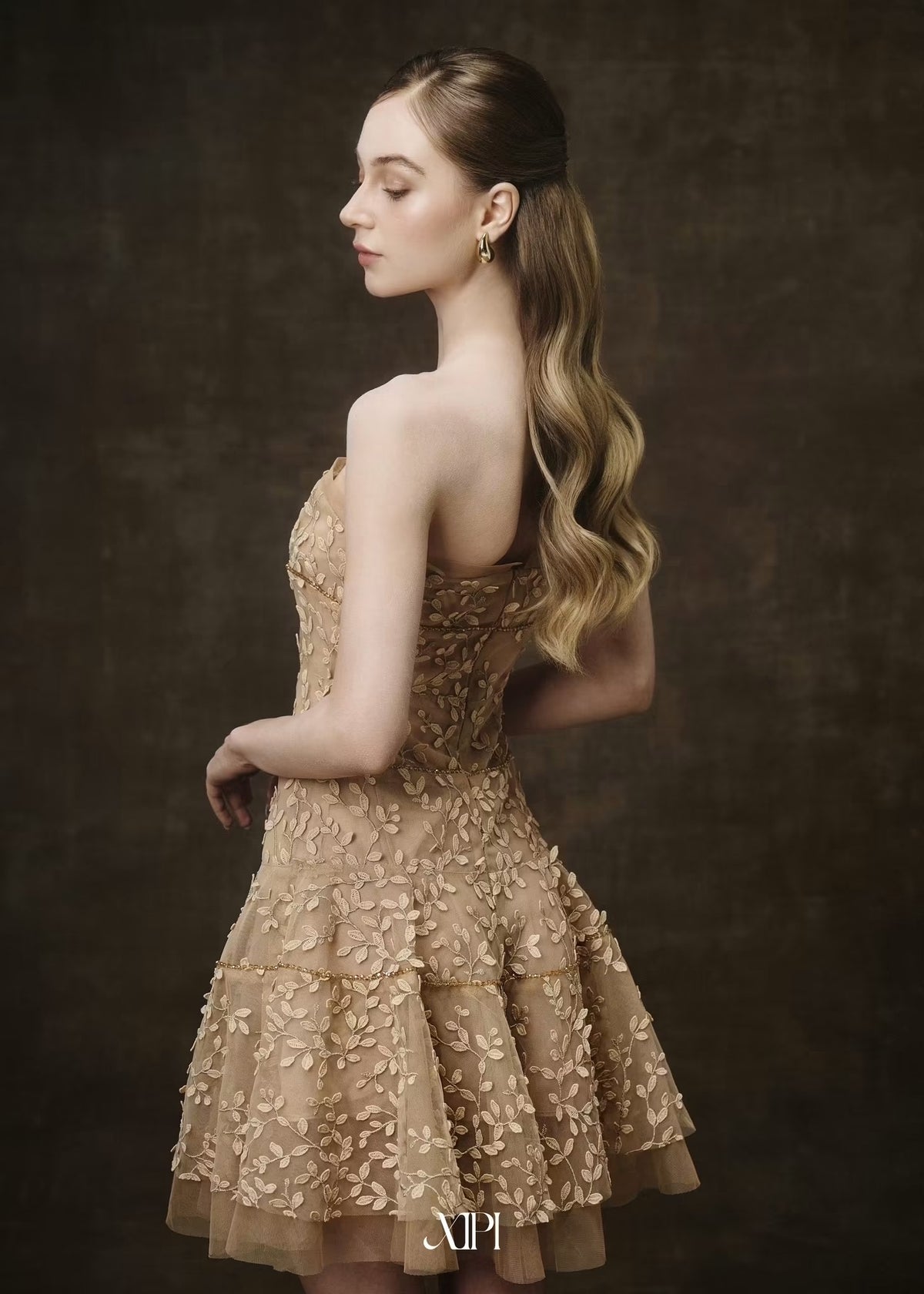 Brown 3D Lace Crystal-embellished Straps Tube Midi Dress
