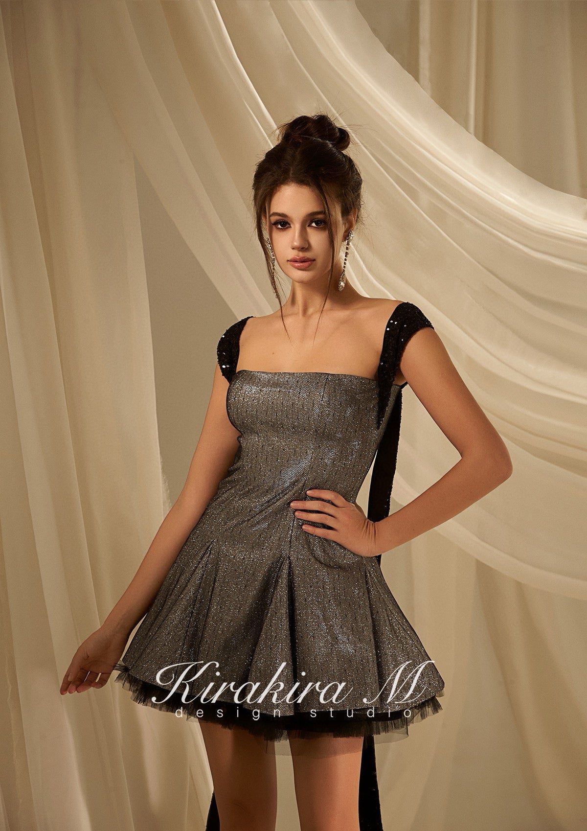 KIRAKIRA M Silver grey sparkle backless mini dress