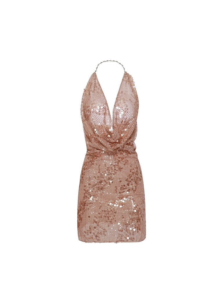 MIMI PLANGE gold sequin neckline mini dress