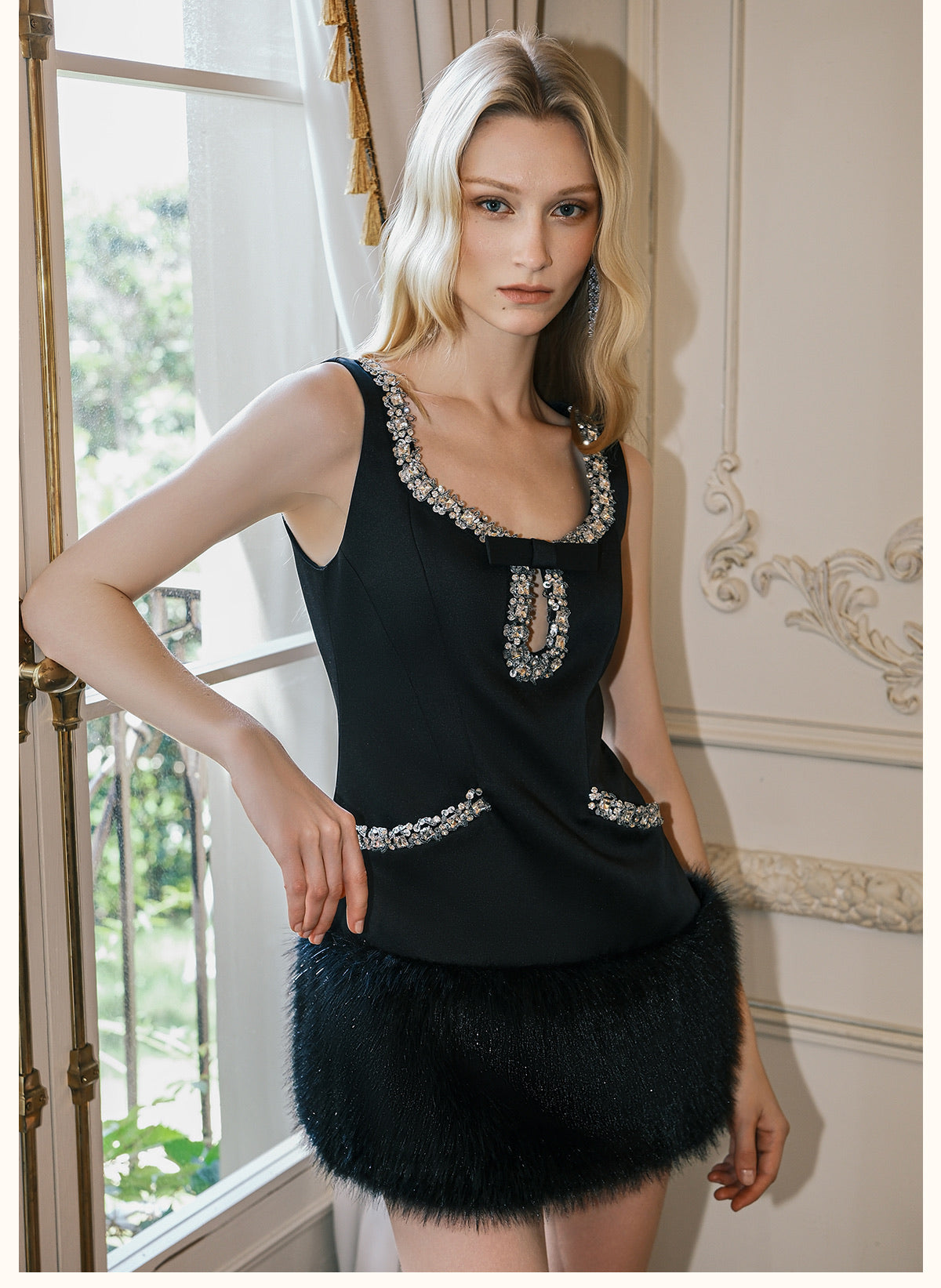 SHEERLUCK White Bow Fur Mini Dress