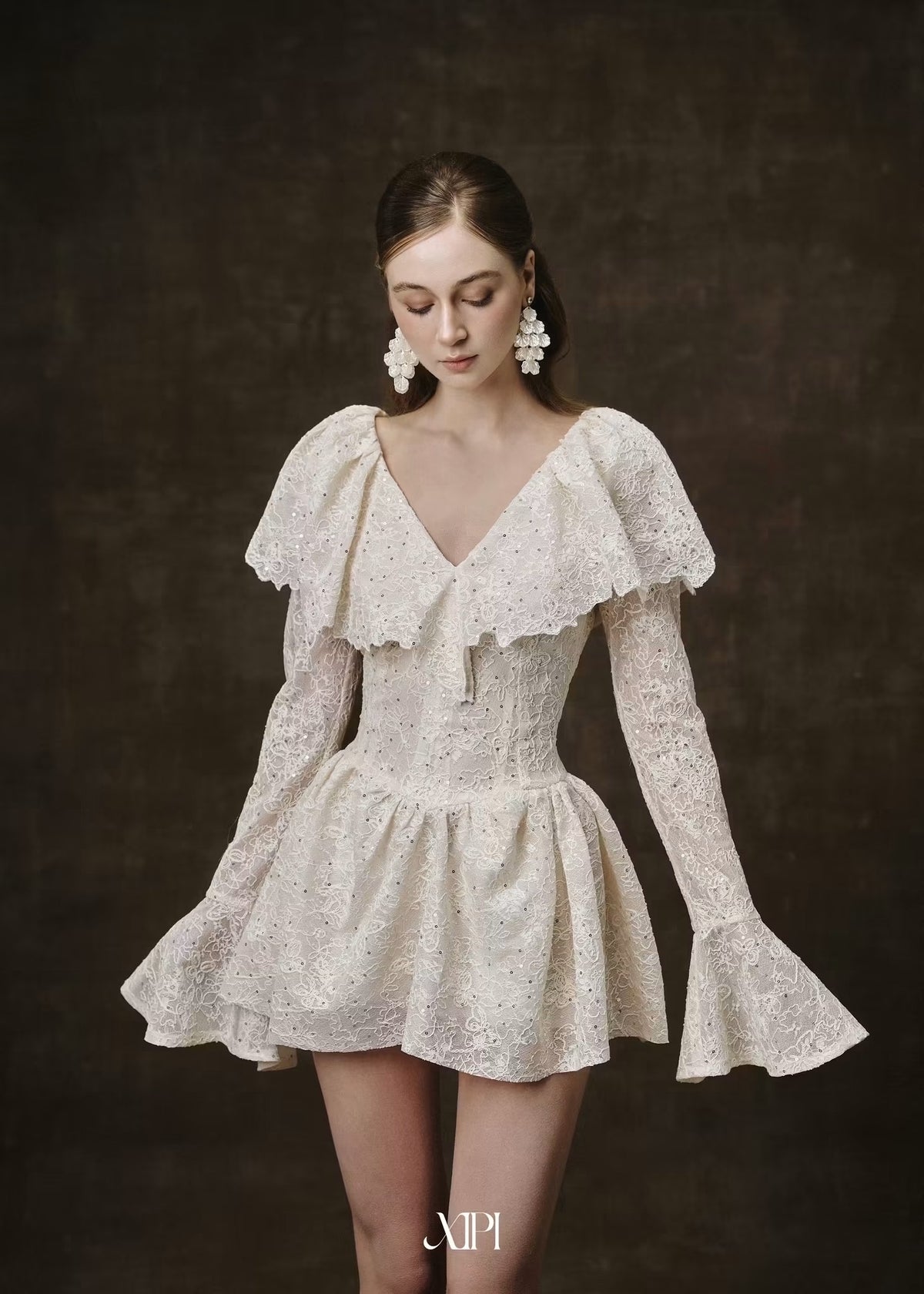 White Long-Sleeve Lace Flared Anya Mini Dress